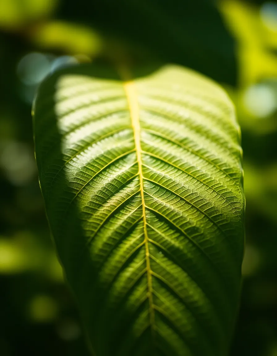 A hyper-detailed close-up of a leaf showcasing its intricate geometric vein patterns illuminated by dappled sunlight. The rich greens and subtle yellows create a vibrant color palette, while the soft focus background emphasizes the texture of the leaf. This composition utilizes shallow depth of field to create creamy bokeh, inviting viewers to appreciate the natural geometry found in botanical life.