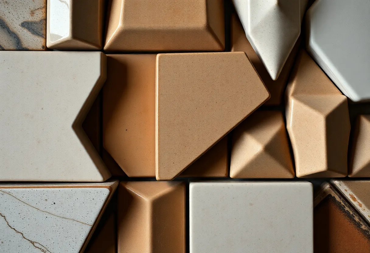 This macro image showcases an artistic arrangement of geometric ceramic tiles, each displaying unique glazes and textures. Captured using a Fujifilm GFX 100S, the studio lighting highlights every detail, while the hyperfocal depth maintains clarity across the scene. The natural muted tones bring a sense of warmth to the composition, which adheres to the rule of thirds, guiding the viewer's eye through the angular shapes. This image is perfect for showcasing craftsmanship and design.