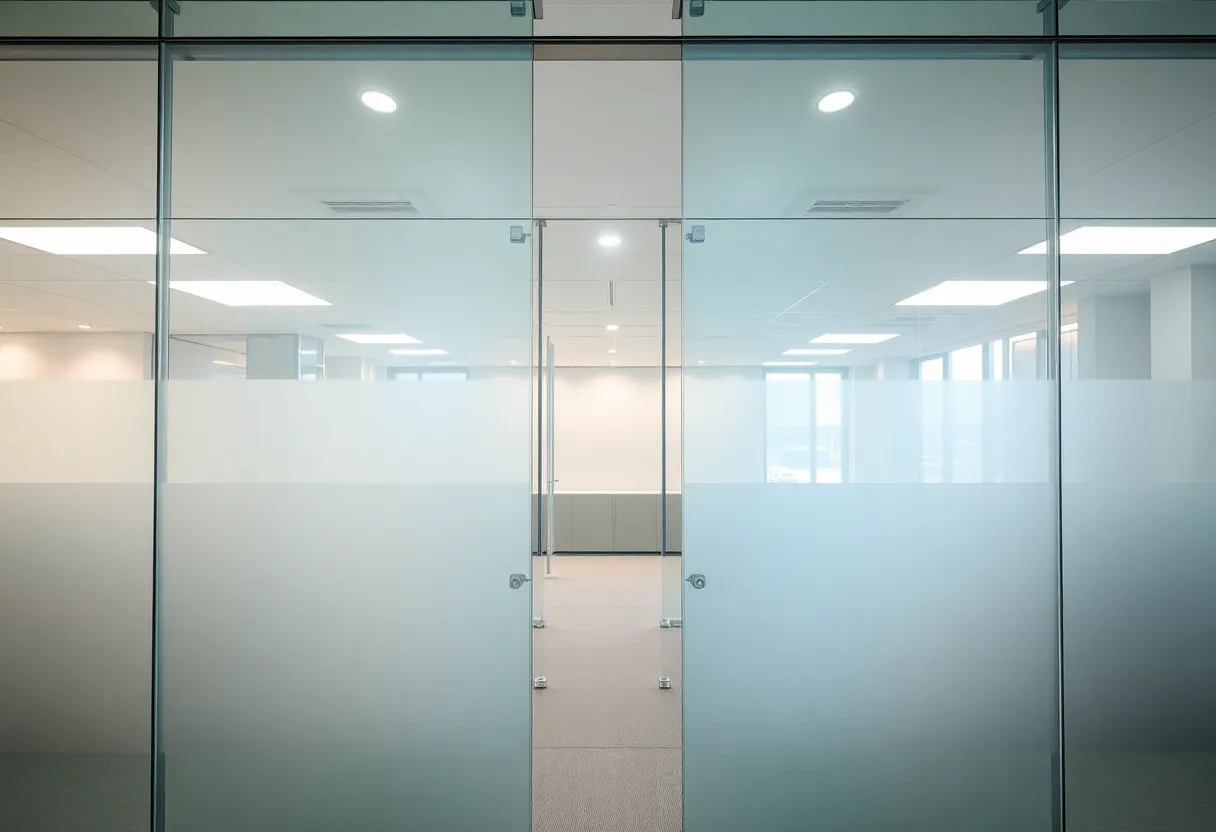 This image showcases a minimalist scene of overlapping glass panels creating an intricate geometric pattern in a modern office space. Studio lighting with softboxes ensures even illumination, enhancing the transparency and clarity of the glass. The refined color palette features soft whites and silvers, with reflections adding depth. A symmetrical composition draws the viewer's eye through the carefully arranged panels, creating a sense of harmony in the design.