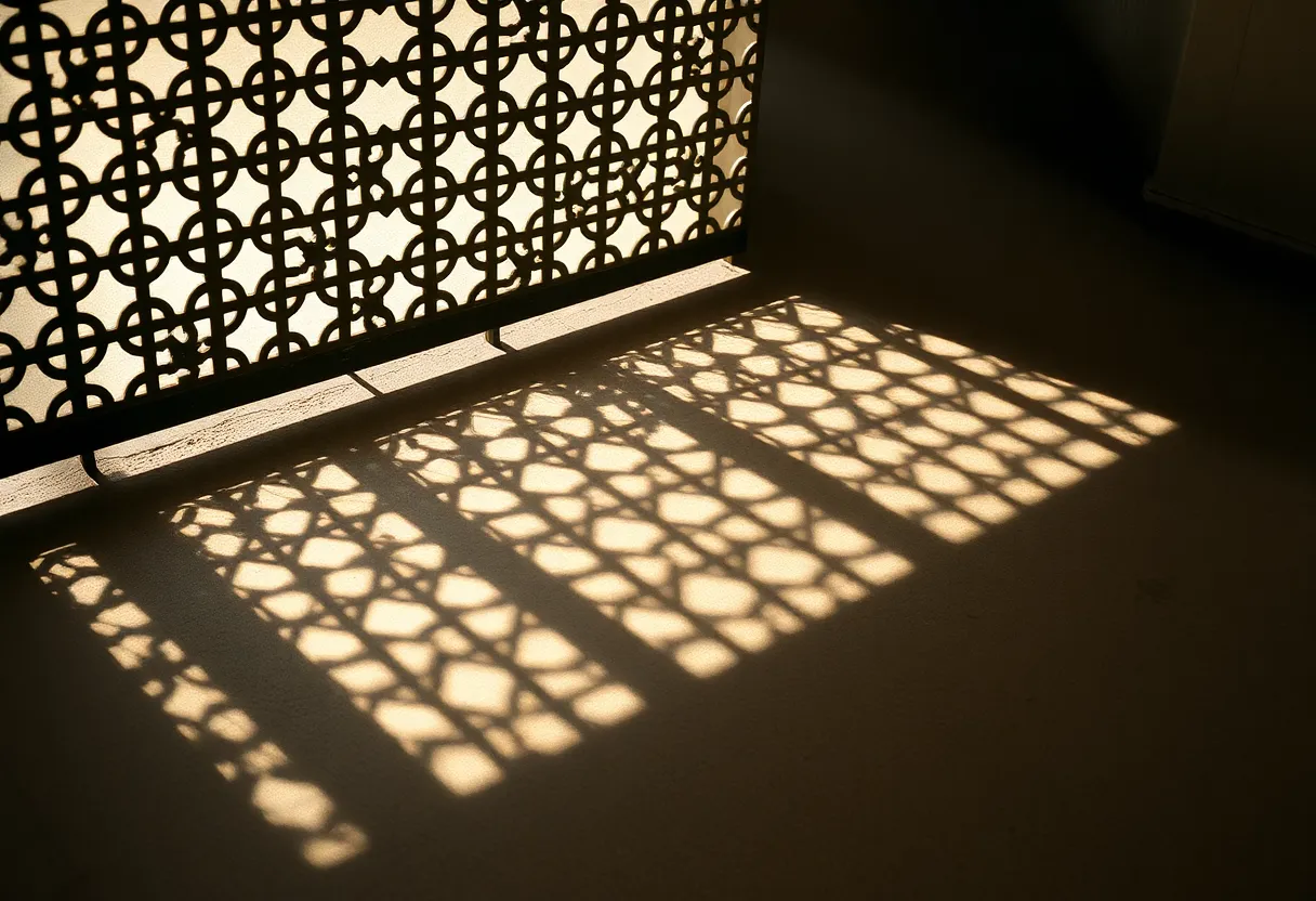 An evocative scene where soft morning light filters through a decorative metal grate, casting intricate shadows on a textured concrete floor. The muted earth tones create a serene atmosphere while the interplay of light and shadow adds depth. Positioned using the rule of thirds, this composition invites viewers to appreciate the delicate beauty of everyday patterns in an urban setting.