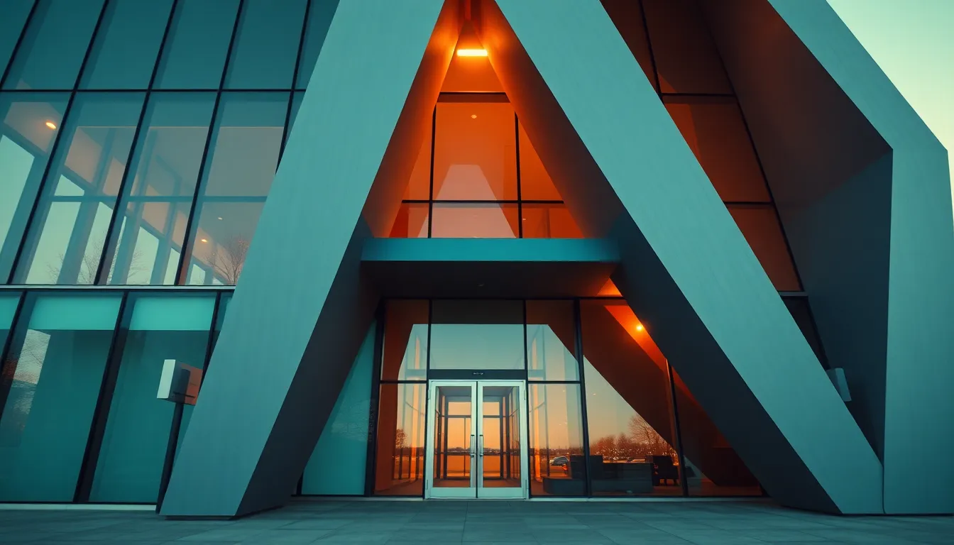 This stunning photograph showcases a modern architectural facade adorned with bold geometric shapes, glowing in the warm light of the golden hour. The cinematic teal and orange color grading enhances the sleek lines and shapes of the structure. The use of leading lines draws the viewer's eye towards the entrance, creating an inviting focal point. The contrasting textures of glass and metal catch the light beautifully, adding depth and interest to the overall composition.