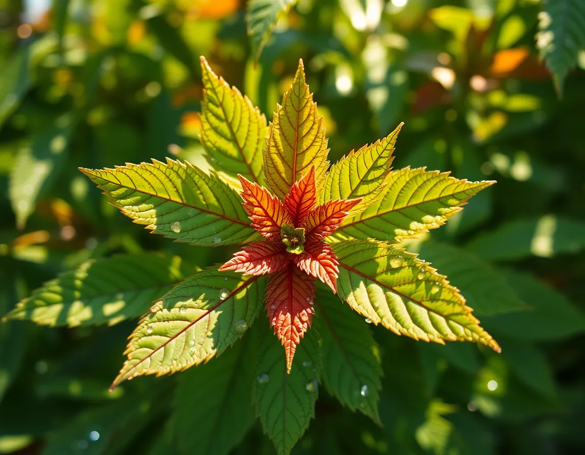 This image captures the delicate geometric patterns formed by vibrant leaves in a natural setting. The soft daylight dapples through the foliage, illuminating morning dew droplets and enhancing the warm earthy palette. Shot with a Hasselblad X2D, the shallow depth of field creates a dreamy background while emphasizing the leaf textures. The symmetrical arrangement invites viewers to appreciate nature's intricate designs, showcasing the beauty of organic geometry.