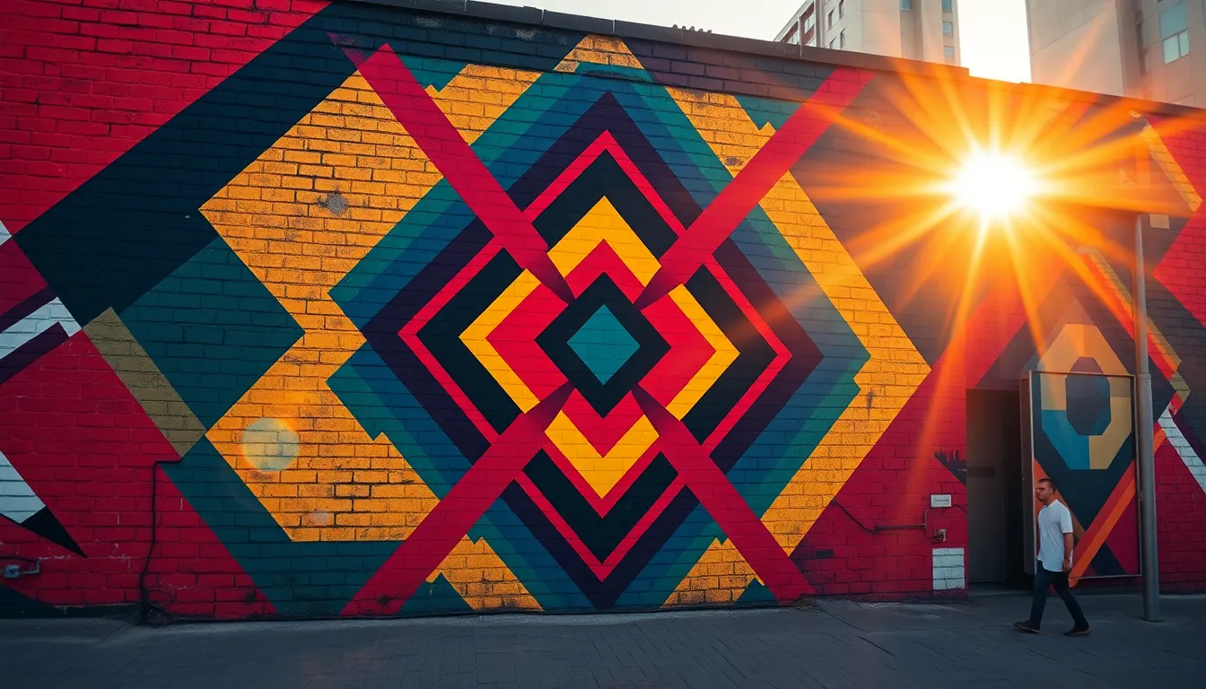 A stunning geometric mural covers a city wall, radiating energy and creativity. The warm golden hour light enhances the mural's bold colors of red, blue, and yellow, creating intricate shadows. The composition is expertly framed using the rule of thirds, leading the eye toward the vibrant diamond shapes, while the blurred urban background adds depth. The weathered brick texture further complements the colorful artwork, creating a lively urban atmosphere.