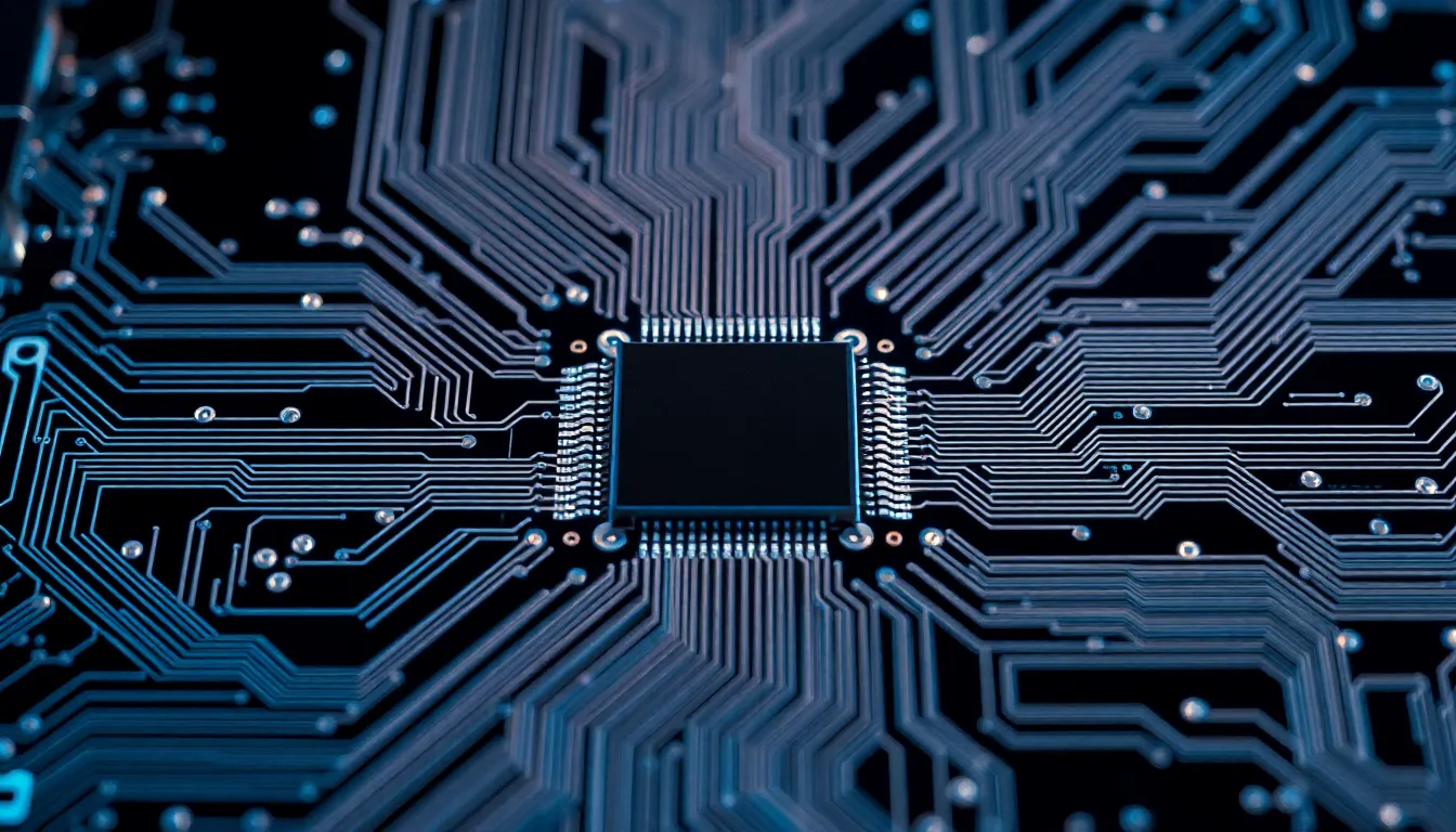 High-Tech Circuit Board Patterns This image presents an intricate close-up of a high-tech circuit board featuring geometric chip arrangements and detailed lines. Captured in a controlled studio setting with strategic lighting, the image reveals the sophistication of modern electronics. The black and silver tones, punctuated by electric blue accents, create a sleek and contemporary atmosphere. The symmetrical composition emphasizes the central chip, making it an excellent choice for technology and innovation-related projects.