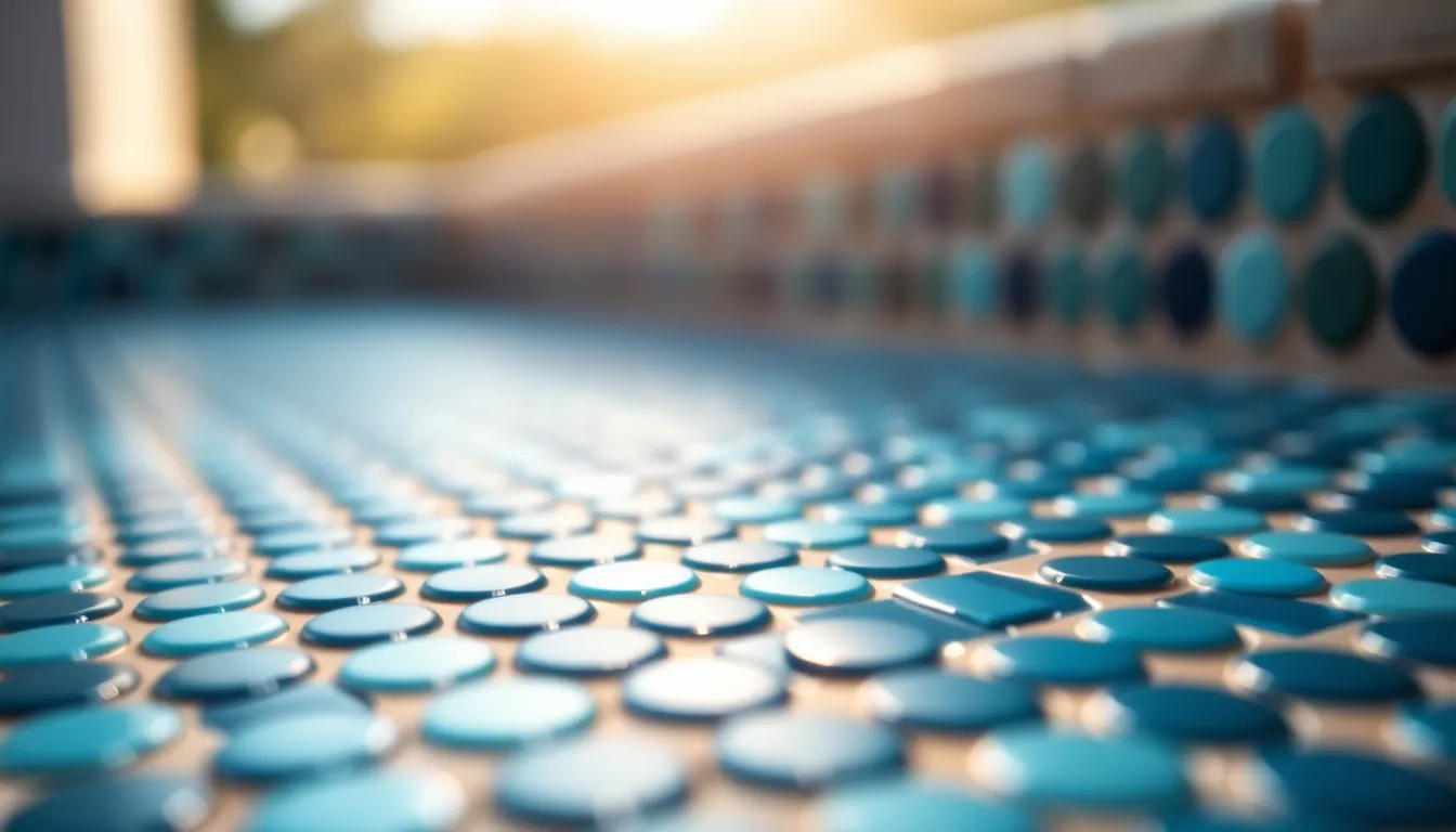 Circular Mosaic Geometric Patterns This captivating image highlights an intricately designed mosaic featuring circular geometric patterns in soothing shades of blue and green. The soft morning sunlight enhances the exquisite texture of the tiles, revealing the meticulous craftsmanship behind the art. With a shallow depth of field, the focus is beautifully isolated on the patterns, while the background melts into a soft blur, creating a serene composition. This artwork embodies tranquility and is perfect for artistic and decorative uses.