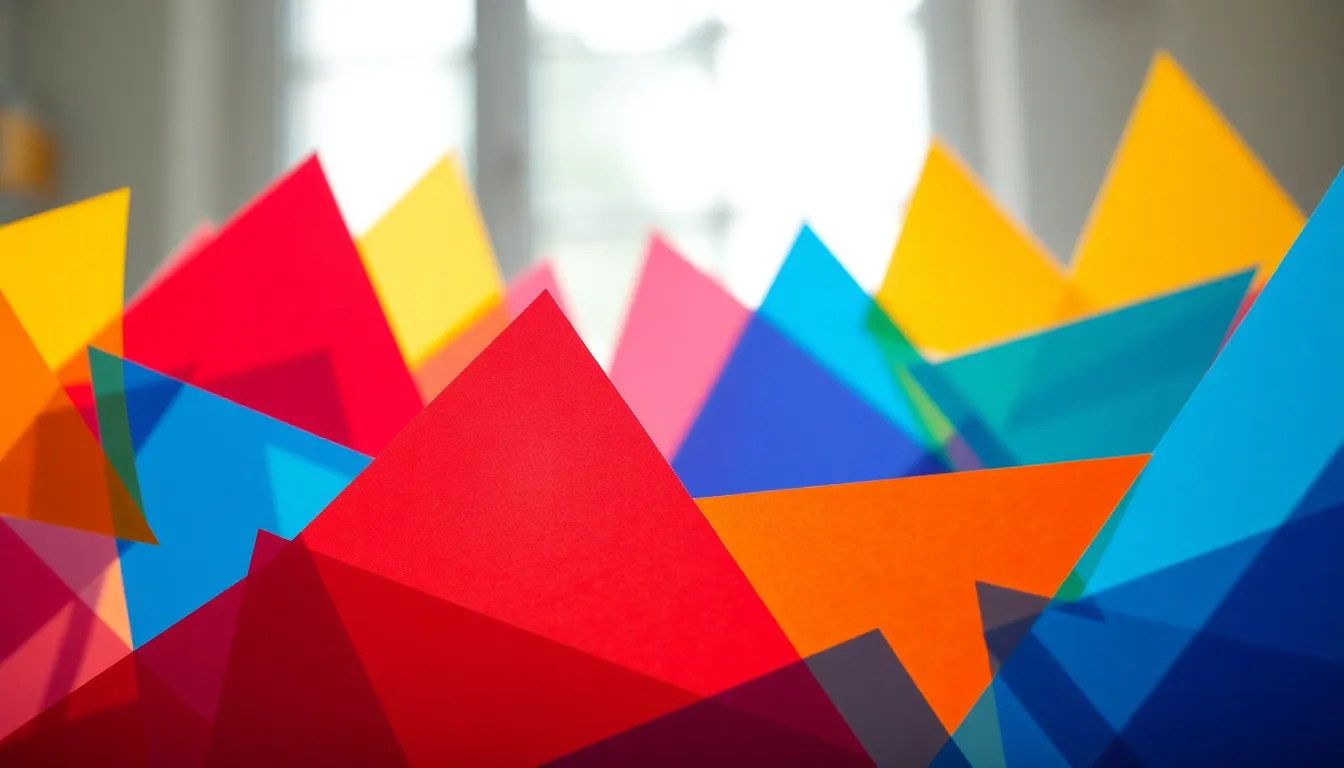 Colorful Geometric Paper Cutouts This image showcases a vibrant arrangement of overlapping triangular patterns made from colorful paper cutouts, creating a lively and dynamic visual effect. The soft, natural daylight enhances the textures and colors, bringing depth to the scene. The blurred background ensures the viewer's focus remains on the striking geometric arrangement in the foreground, emphasizing the playful mix of reds, blues, and yellows. A harmonious blend of shapes and colors makes this image perfect for creative projects or graphic design work.