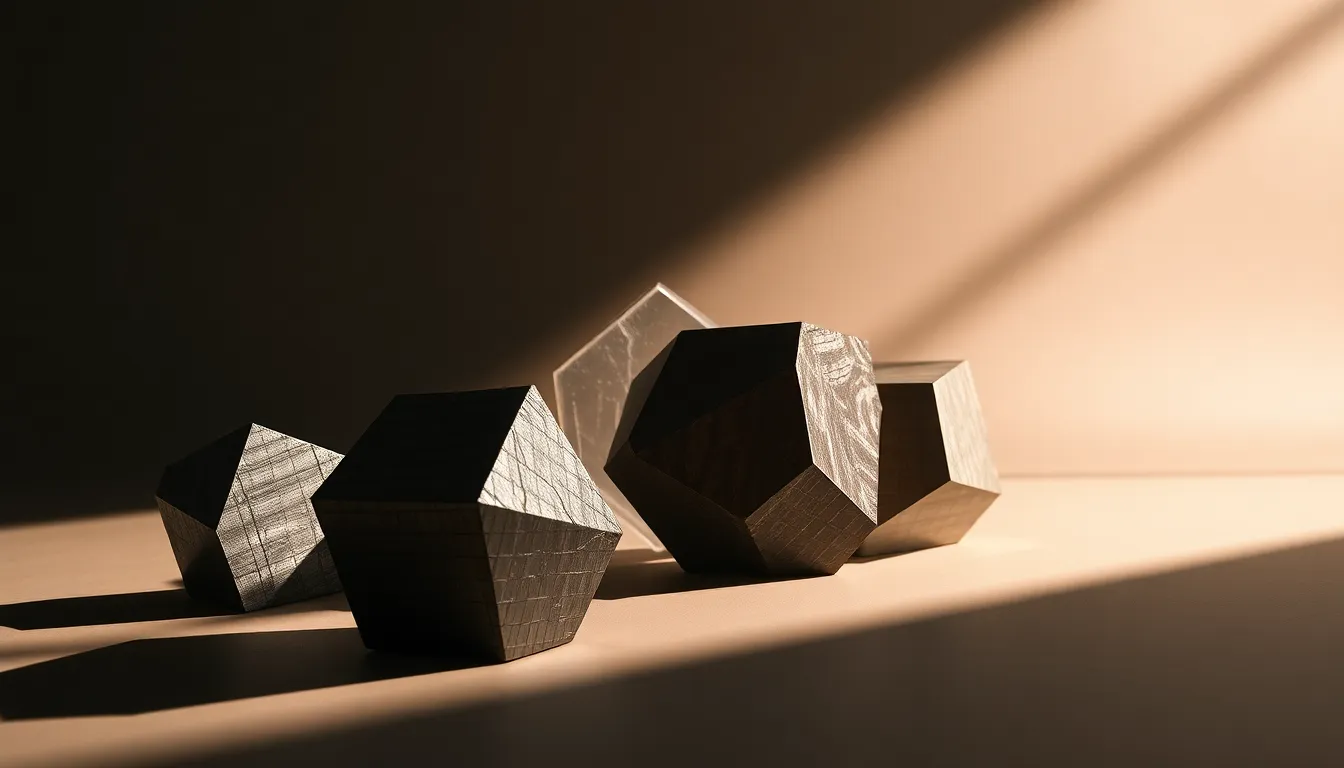 This striking studio image features a variety of textured geometric objects crafted from metal and glass, beautifully illuminated by dramatic side lighting. The lighting creates a compelling contrast, emphasizing the different surfaces and intricacies of each shape. The hyperfocal sharpness captures every detail, while the muted tones are accentuated by the reflective metallic surfaces. The composition employs leading lines that guide the viewer's eye through the dynamic arrangement of the objects.