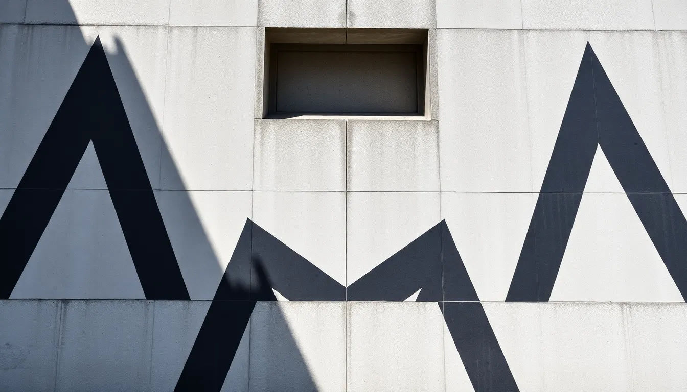 A striking image of bold geometric patterns etched into a concrete wall under bright midday sun, creating a play of light and shadow. The monochromatic palette features various shades of grey and black, emphasizing the shapes’ contrasts. The symmetrical composition draws the eye, while the concrete texture adds gritty depth, showcasing urban artistry in a modern context.