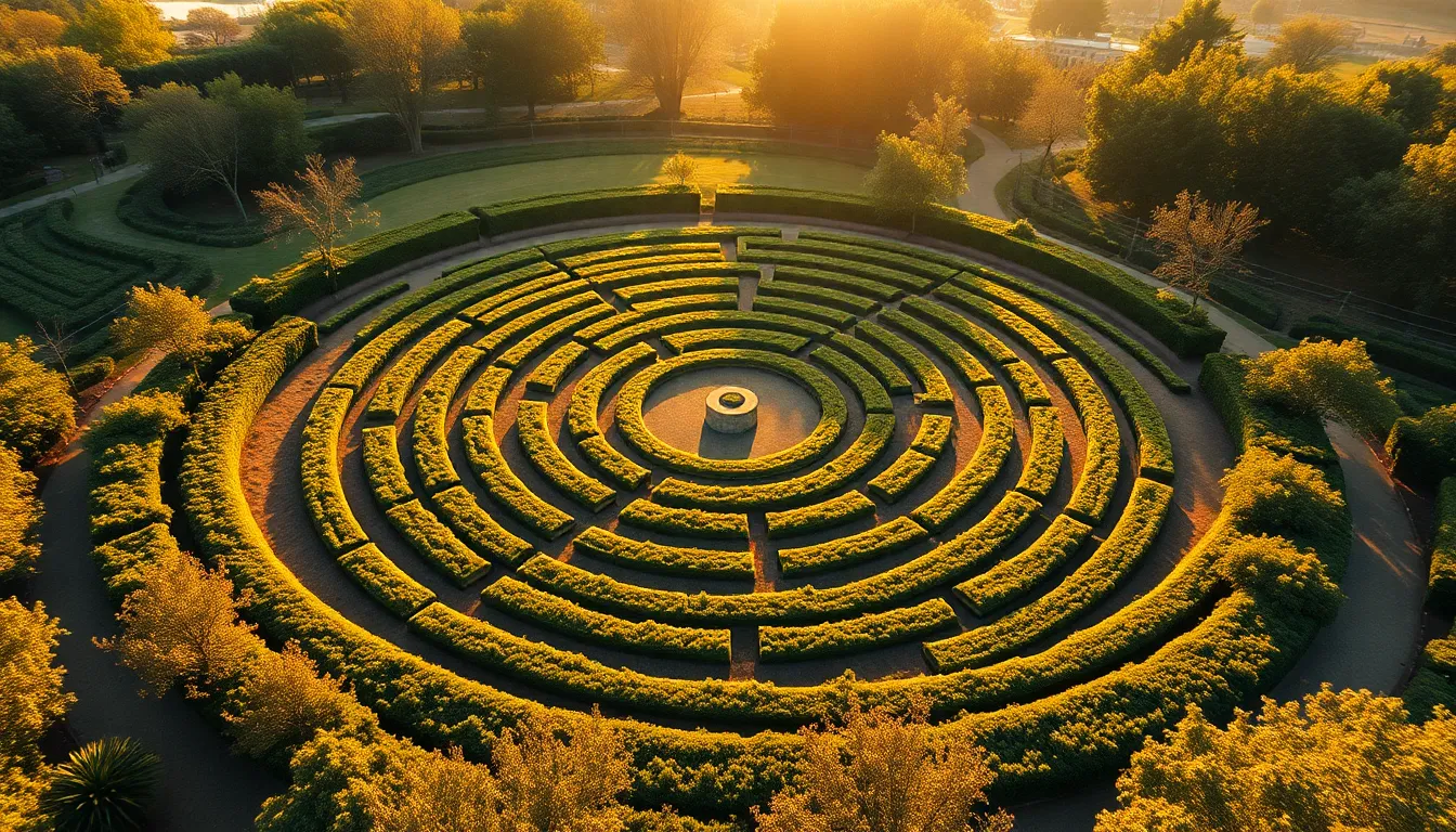 This stunning aerial shot showcases a circular labyrinth garden meticulously designed with geometric precision, bathed in the warm glow of golden hour. The intricate layout is enhanced by long shadows, which add depth and contrast. Earthy greens and browns dominate the color palette, while the warm sun further enriches the textures of the garden. With leading lines guiding the eye, the composition invites viewers to wander the maze visually.