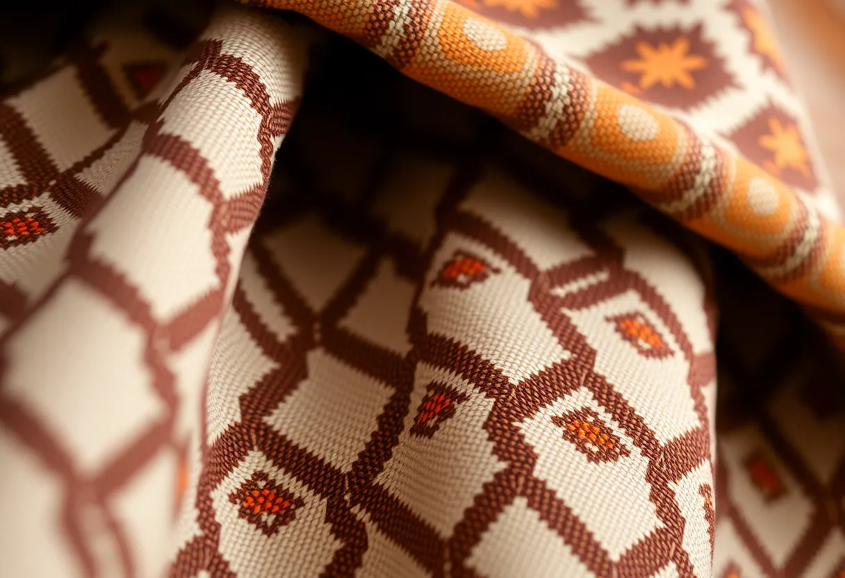 This detailed close-up photograph highlights the overlapping geometric patterns of a beautifully textured fabric. Soft diffused daylight enhances the warmth of earthy tones, creating an inviting atmosphere. The shallow depth of field isolates the fabric's intricate weave, providing a unique perspective on texture. The tight framing focuses attention on the patterns, making it a perfect representation of textile art.