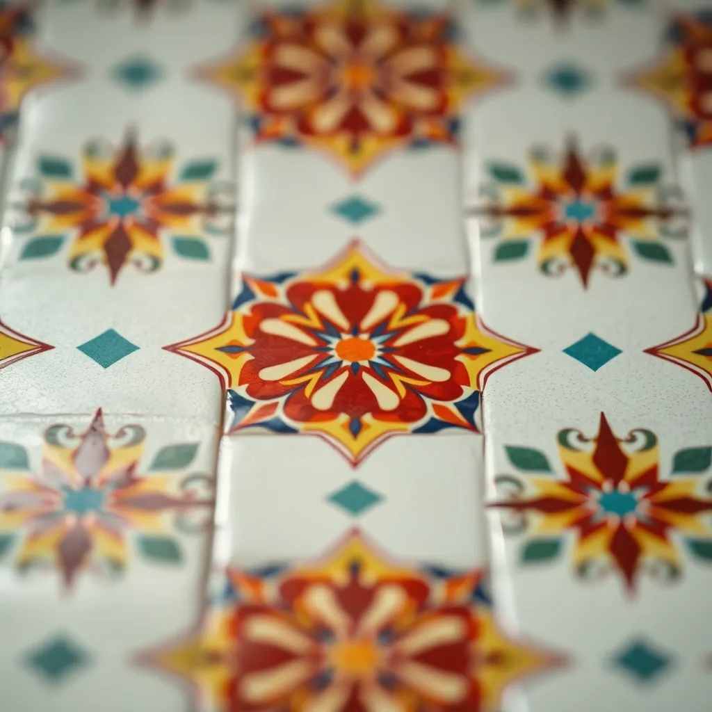 This vivid close-up image captures the intricate designs of a geometric tile pattern. The rich colors—reds, blues, and yellows—pop against the soft glow created by studio lighting, providing a vibrant and lively feel. A shallow depth of field isolates the pattern, allowing the viewer to focus on the artistry of the tiles. The composition highlights the decorative elements of the tile, presenting a striking visual of this artistic design.