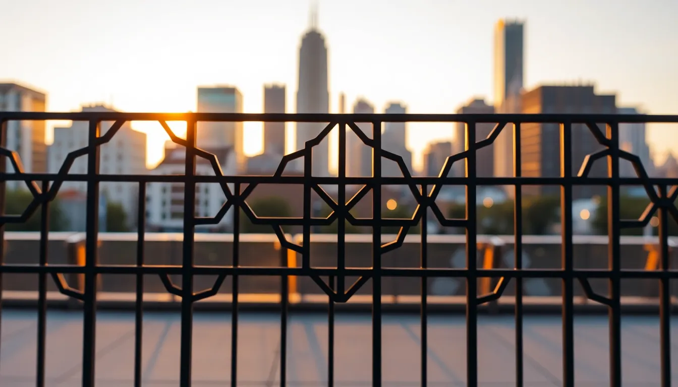 This enchanting image showcases a beautifully designed fence with geometric cutouts, set against the backdrop of a soft-focus city skyline during golden hour. The warm rim light from the setting sun illuminates the shapes, creating an inviting and warm atmosphere. A shallow depth of field emphasizes the fence while the cityscape blurs into a tranquil bokeh. The color palette features warm golds and soft blues, enhancing the evening's charm and mood.
