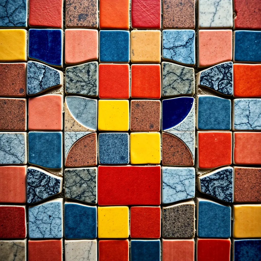 This vibrant image features a close-up of a tessellation pattern created from colorful tiles. Each tile showcases intricate textures and vivid hues, illuminated by soft, even lighting that enhances detail without harsh shadows. The shallow depth of field creates a beautiful contrast between the sharp foreground and the dreamy background, drawing focus to the geometric design. This image is ideal for showcasing artistic tiling work or colorful interior designs.