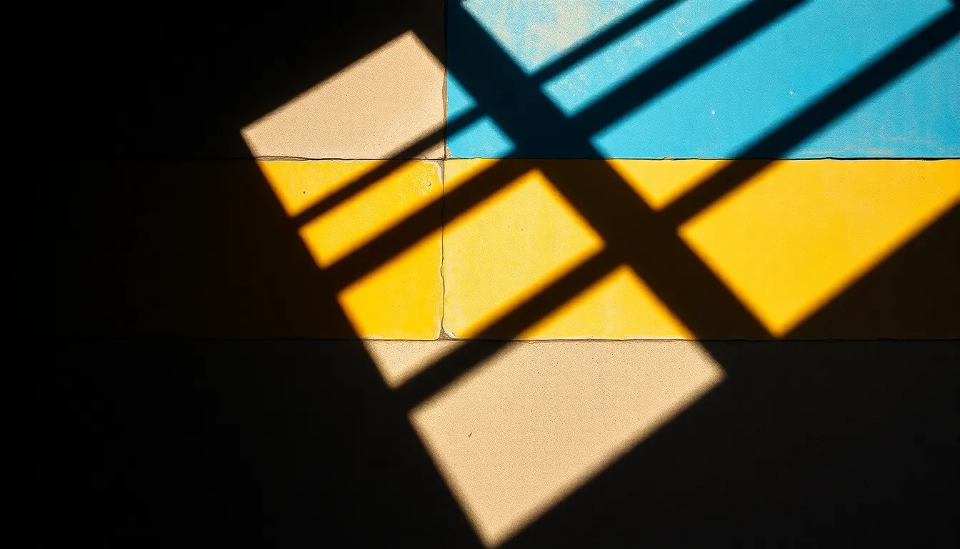 Abstract Concrete Geometric Patterns This image showcases a striking interplay of light and shadow on a textured concrete surface, creating bold geometric patterns. The deep blues and warm yellow tones highlight the contrast between light and dark, evoking a sense of urban sophistication. The shallow depth of field draws focus to the intricate details of the surface, while the composition invites the viewer’s eye through the geometric lines and shapes.