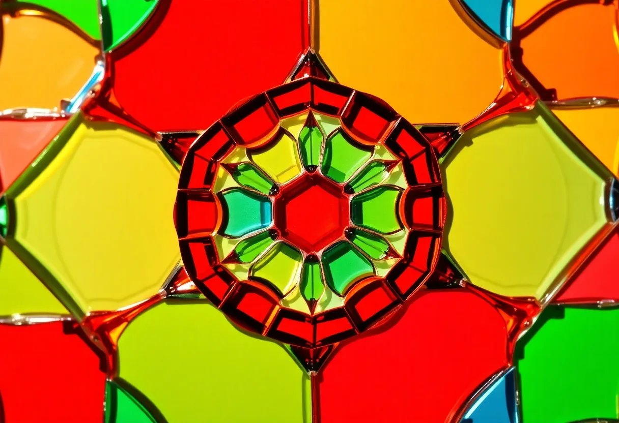 This captivating image features a geometric mosaic made from colorful glass pieces, showcasing a brilliant spectrum of reds, blues, and greens. Natural daylight enhances the vibrancy of the colors, while the intricate glass textures create a stunning visual experience. The centered symmetrical composition draws attention to the harmonious arrangement of shapes, inviting viewers to explore the playful interplay of light and form. With a sharp focus on detail, this piece is a celebration of color and creativity.