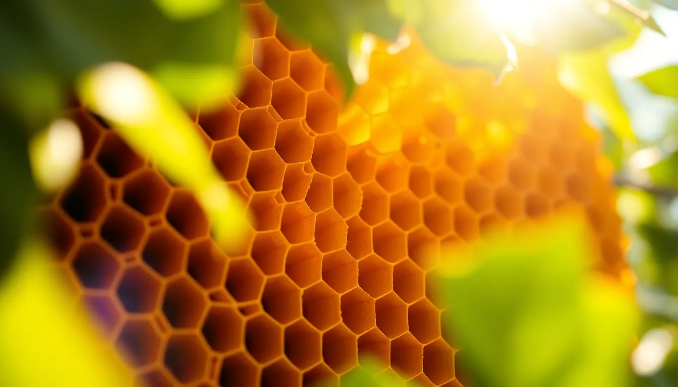 This stunning image captures a close-up of a honeycomb structure, showcasing its geometric precision and intricate details. Dappled sunlight filters through the leaves, creating soft highlights across the wax cells. The shallow depth of field emphasizes the honeycomb, while the vibrant yellows and browns reflect the natural beauty and warmth of the scene. Surrounded by blurred foliage, the composition enhances the organic feel while drawing attention to its geometric allure.