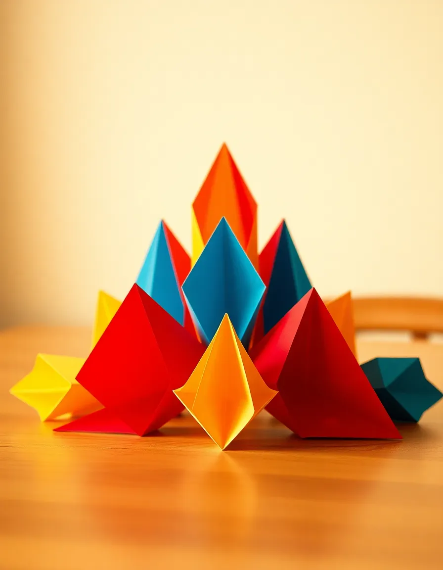 This inviting image features a vibrant setup of geometric paper sculptures, artistically arranged to draw the eye. Warm tungsten lighting creates an atmosphere rich in color and depth, while the shallow depth of field emphasizes the vibrant hues of the paper. The dynamic triangular composition allows for an engaging flow, inviting viewers to explore each detail, from textures to color transitions, all enhanced by a beautiful Kodak Portra-inspired palette.