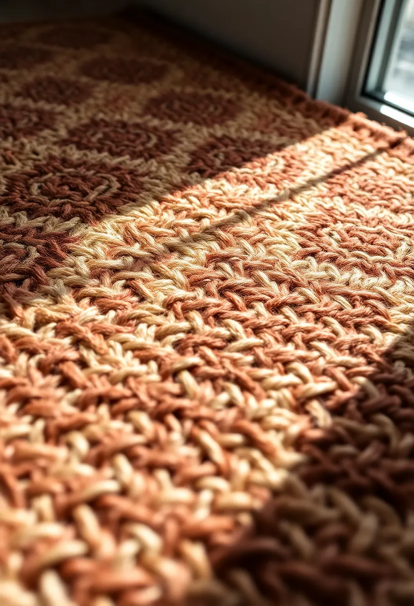This close-up image showcases the intricate geometric patterns of a hand-crafted rug, beautifully illuminated by natural light. The warm earth tones of rust, beige, and brown highlight the craftsmanship and details of the woven texture. The thoughtful composition adheres to the rule of thirds, allowing viewers to appreciate the vibrancy of the patterns while the depth of field brings the rug's surface to life, enhancing the tactile quality of the fabric.