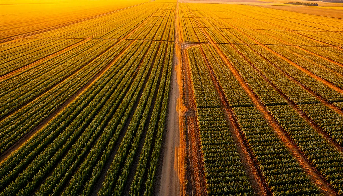 An aerial view of a crop field reveals stunning geometric patterns formed by the arrangement of crops at sunset. The golden hour light casts a warm glow, accentuating the earthy tones of the soil against the vibrant greens of the vegetation. Leading lines in the composition guide the viewer's eye through the landscape, creating a sense of depth and perspective. This photograph beautifully illustrates the intersection of nature and geometry.