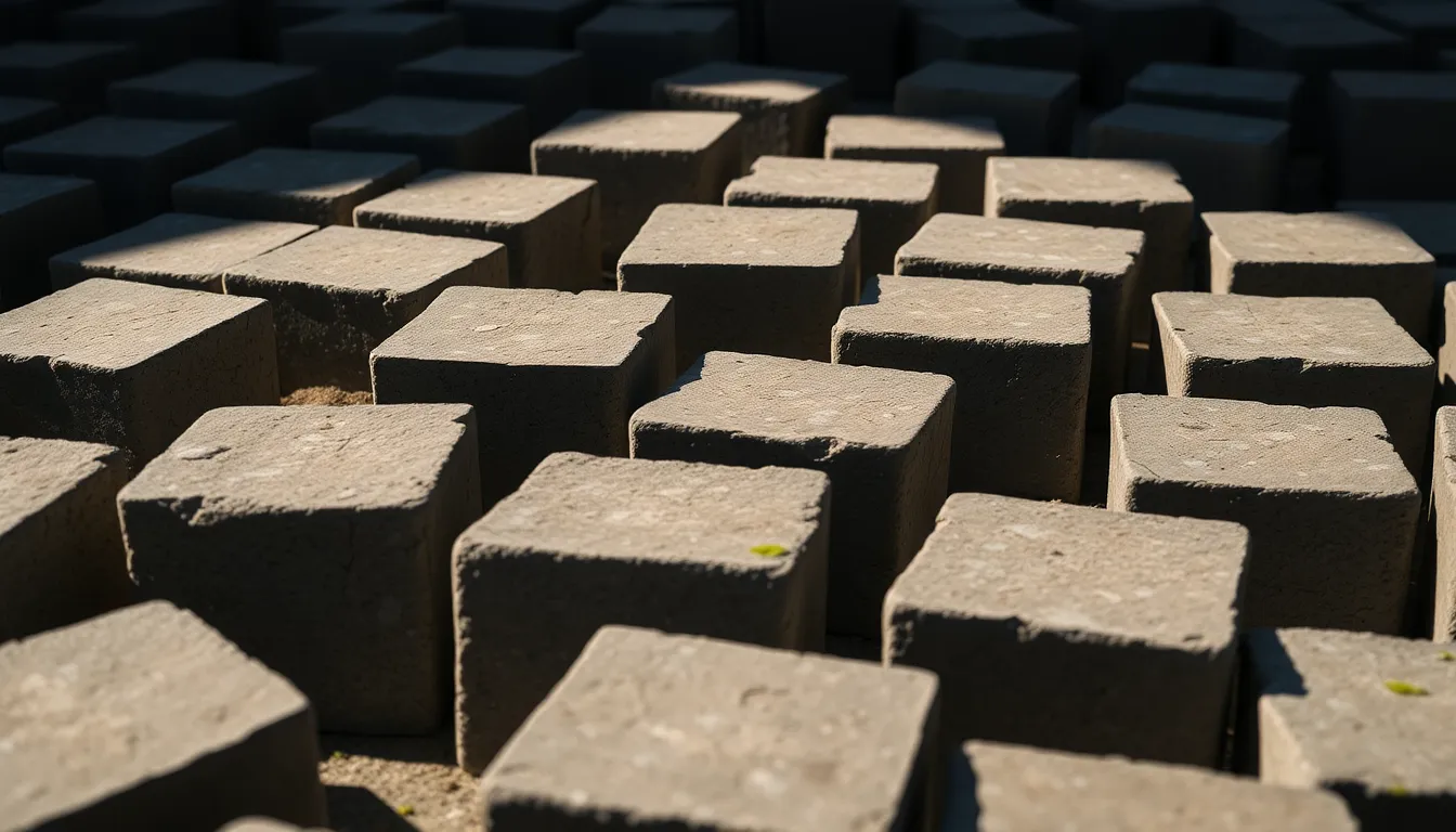 This image captures a striking composition of rough concrete blocks arranged in a rhythmic pattern, beautifully highlighted by dramatic side lighting. The shallow depth of field allows for a softened background, drawing focus to the intricate textures and details of each block. Muted earthy tones enhance the natural look, while the composition adheres to the rule of thirds, creating a visually appealing experience that conveys a sense of age and character.