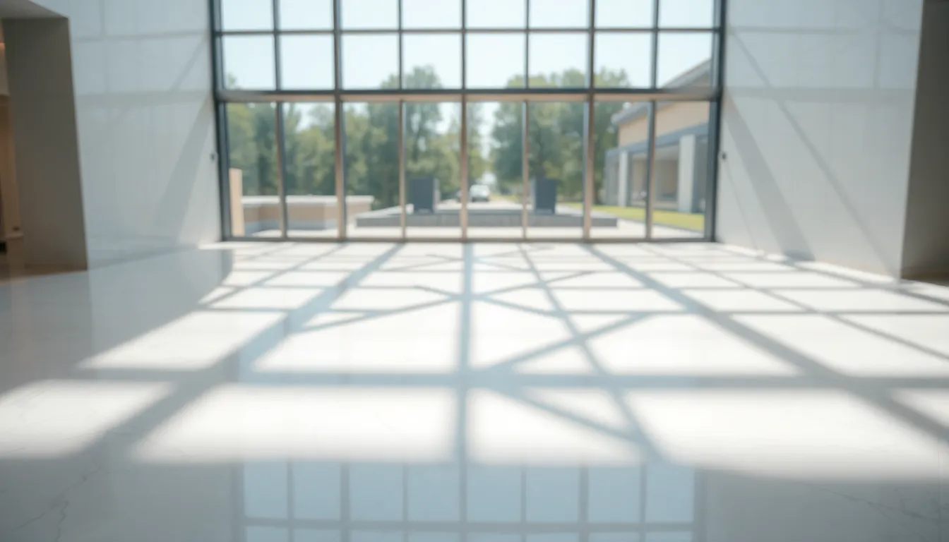 This stunning image captures the interplay of geometric shadows cast by sunlight filtering through a modern glass atrium. The polished white marble flooring serves as a canvas for intricate shadow patterns, creating a contemporary aesthetic. The soft pastel colors enhance the tranquility of the scene, inviting viewers to explore the delicate dance of light and form. With a focus on depth and texture, this composition showcases the beauty of geometric design in architecture.
