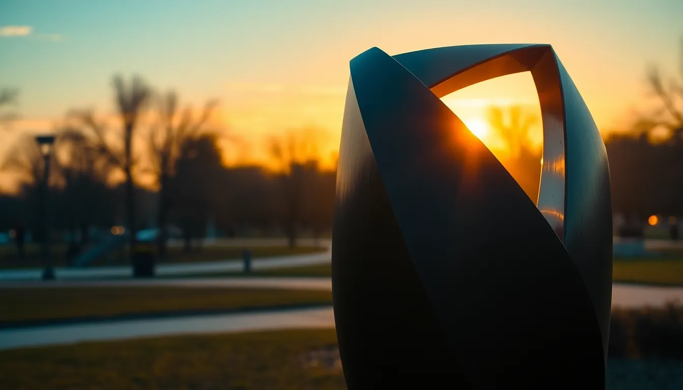 This stunning image captures a striking geometric sculpture bathed in the warm glow of golden hour in a public park. The play of light creates a dramatic atmosphere, highlighting the angles and shapes of the sculpture while the background melts into a beautiful bokeh. The vibrant teal and orange color grading emphasizes the sunset's warmth, adding depth to the scene. The careful rule of thirds composition draws the viewer's eye to the sculpture, making it the focal point.