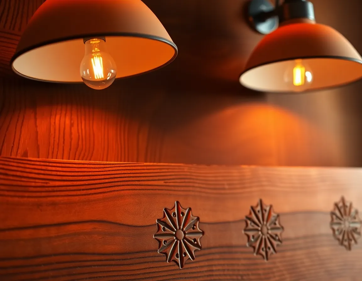 A close-up shot of exquisitely carved wooden surfaces showcasing intricate geometric patterns enhanced by warm tungsten lighting. The details of the carvings are highlighted with soft shadows, creating depth on a textured background. The warm hues of the wood contrast beautifully with the subtle lighting, inviting appreciation of the craftsmanship. This composition captures the elegance of geometric design in woodwork.