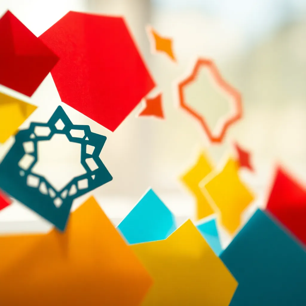 This close-up image highlights a collection of vibrant geometric paper cutouts arranged in a complex design. Soft daylight from a nearby window accentuates the intricate textures of the paper. The playful color palette includes bright reds, yellows, and blues, creating a cheerful atmosphere. The composition effectively utilizes the rule of thirds to focus on the most intricate cutout, framed beautifully by simpler shapes in the arrangement.