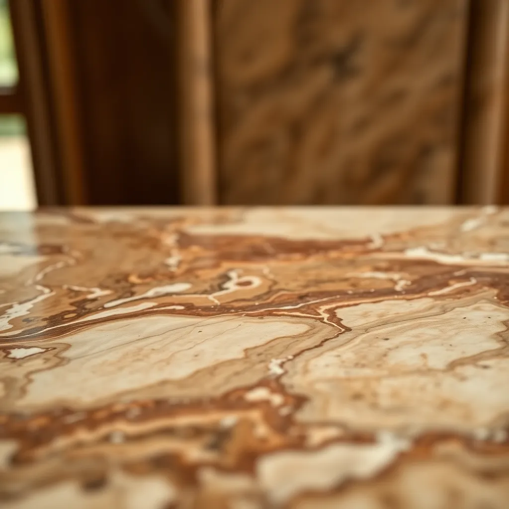 This stunning close-up image captures a polished marble slab showcasing beautiful veining patterns. A warm tungsten lamp illuminates the surface, enhancing the richness of the colors and textures. The soft blur in the background draws attention to the intricate details of the stone, making it a perfect choice for architectural or interior design themes. The creamy and brown hues create a sense of luxury and elegance, inviting viewers to appreciate the natural beauty of marble.