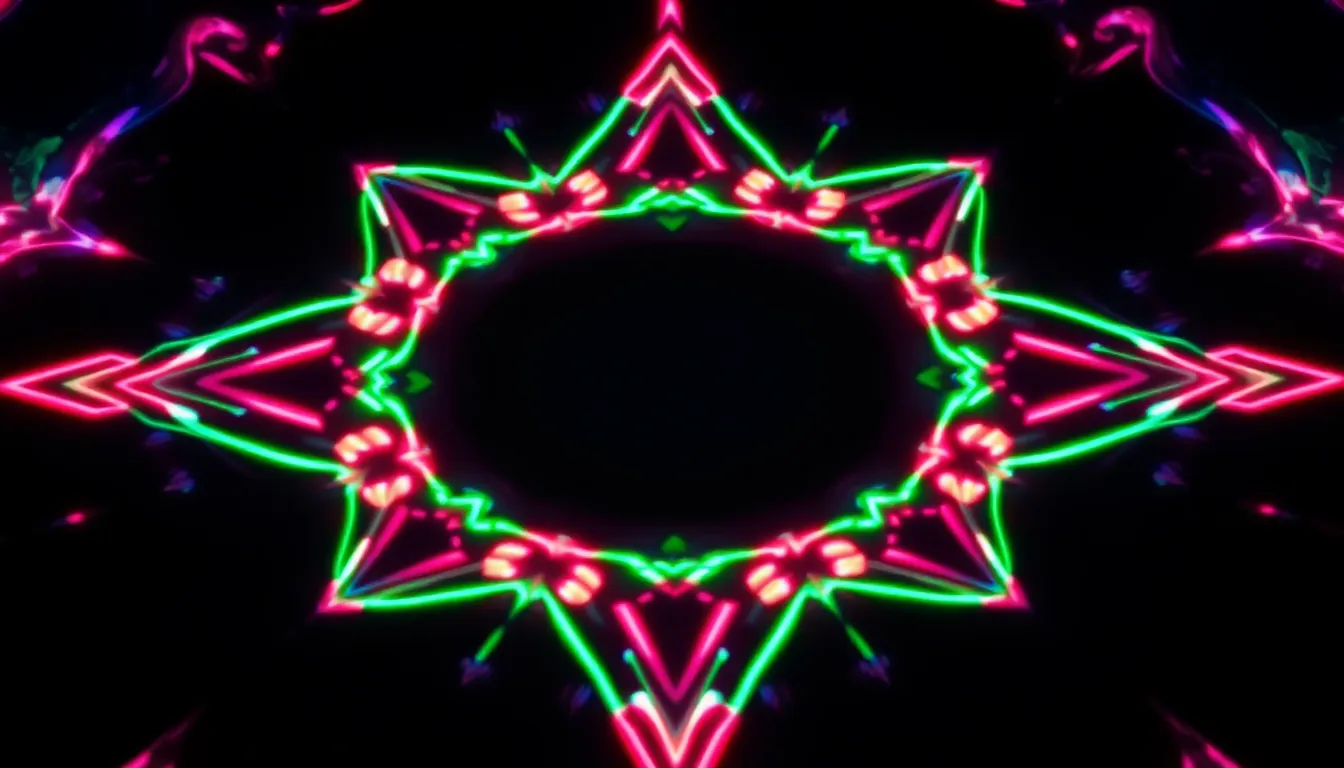 This vivid image captures a stunning kaleidoscopic geometric pattern created through vibrant light projections on a dark surface. Neon lights in pink, green, and blue bring the scene to life, creating dramatic contrasts and reflections. The shallow depth of field sharpens the intricate details of the light patterns while surrounding elements blur into harmonious colors. The symmetrical composition offers a mesmerizing visual experience, perfect for showcasing the interplay of light and geometric design.