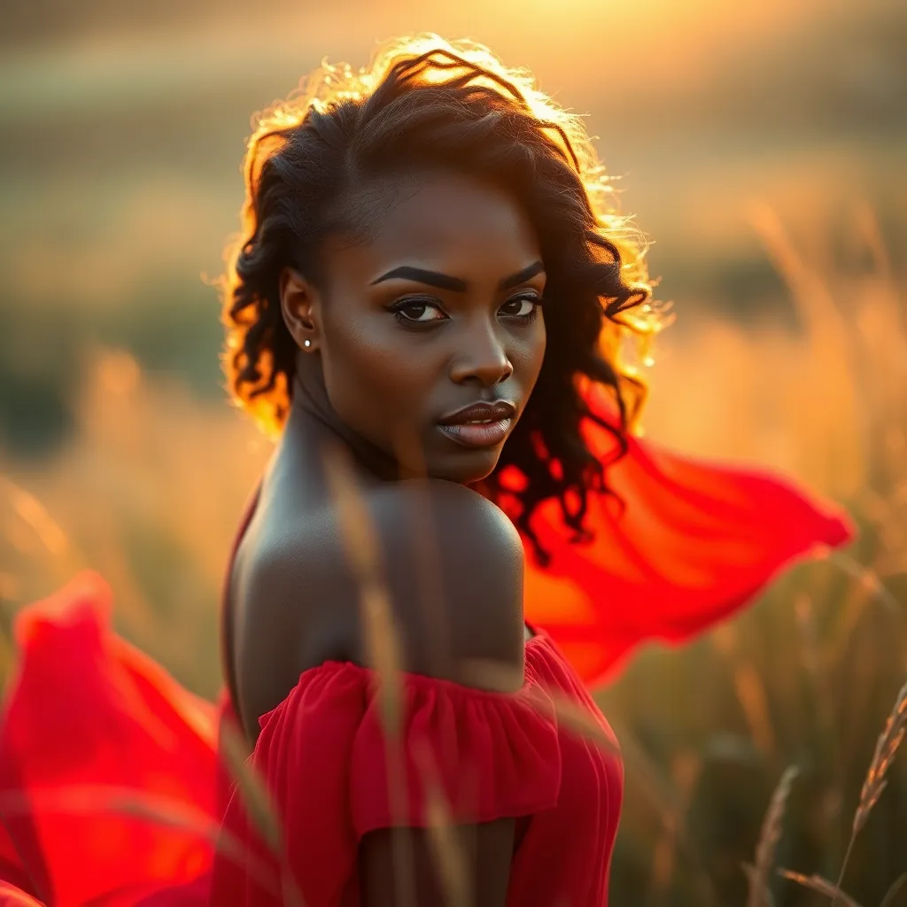 Elegant Black Female Model in Red Dress