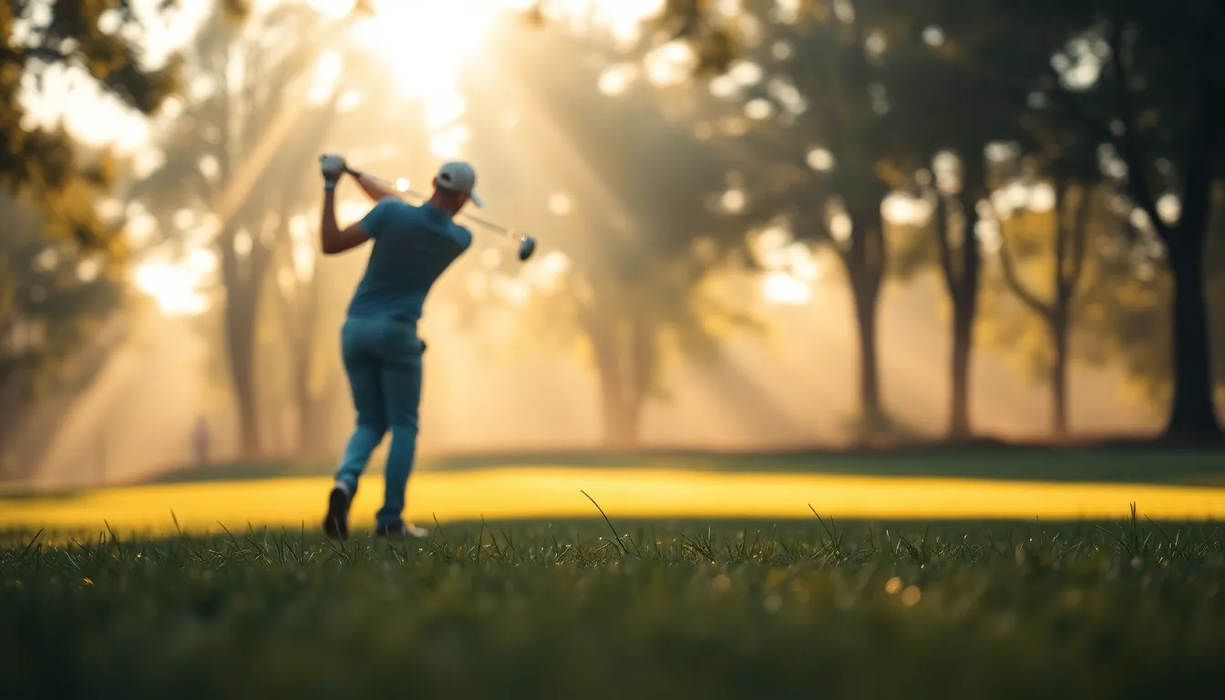 Golfer Swinging Through Morning Light