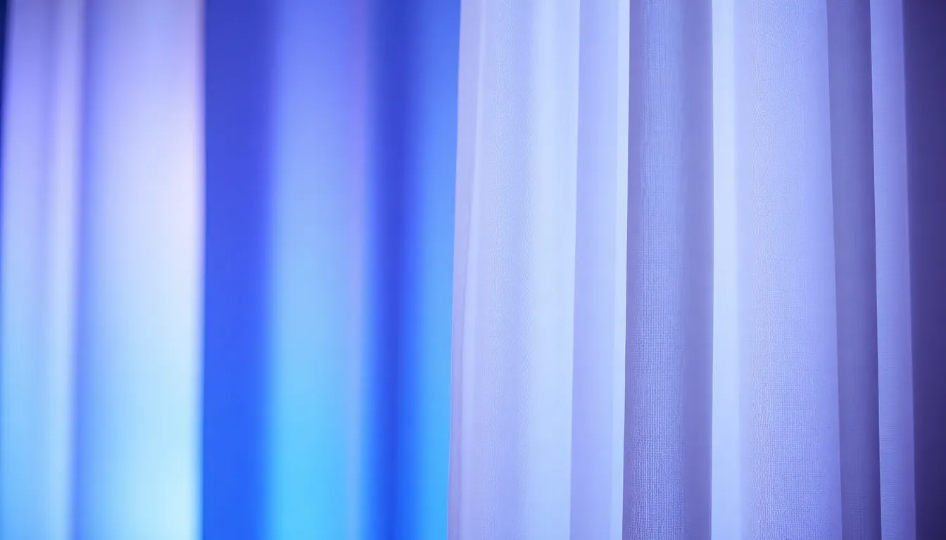 This serene image features a smooth gradient transitioning from deep blue into soft lavender. Bathed in diffused daylight, the colors blend seamlessly, creating a calming atmosphere. The foreground linen curtain texture contrasts beautifully with the vibrant gradient, adding visual interest. This composition in soft focus invites viewers to relax and escape into the soothing hues.