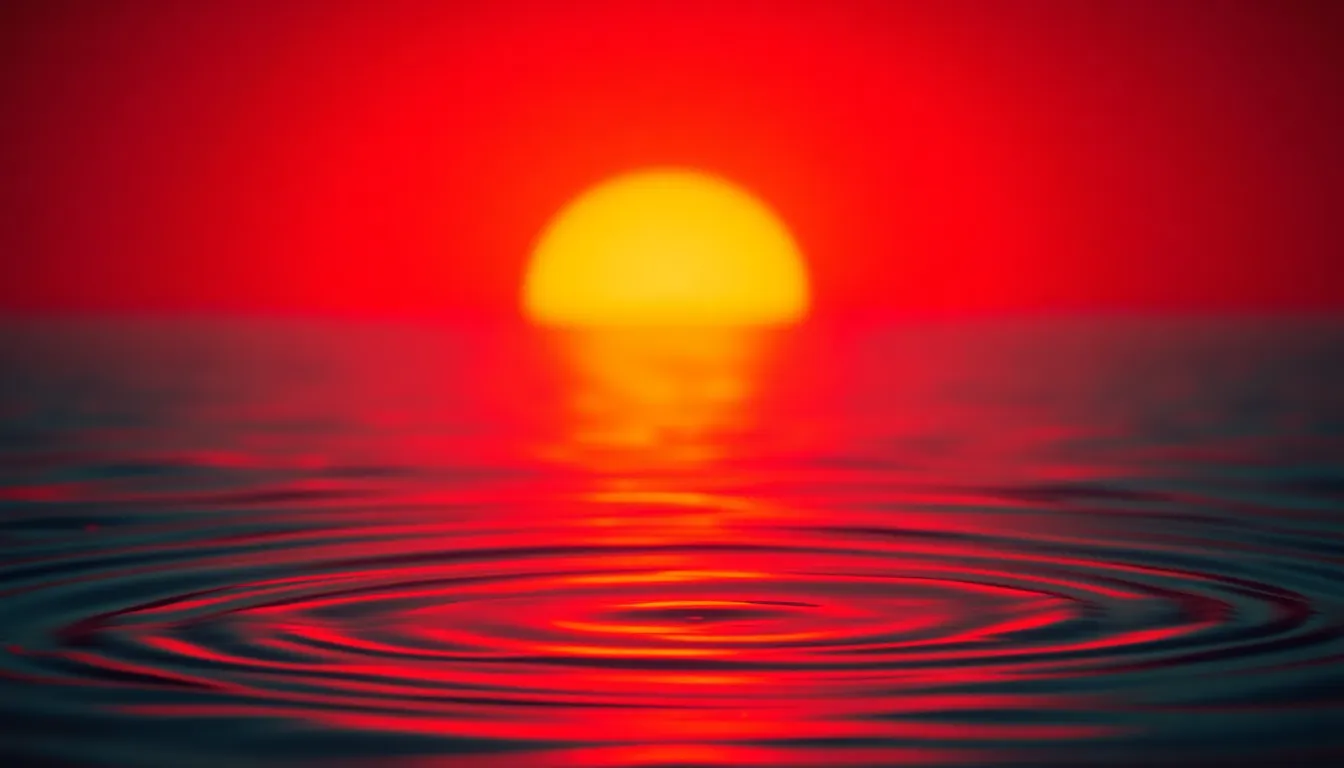 This dynamic image features a striking gradient of fiery reds and oranges, reminiscent of a stunning sunset. Backlit by warm light, the colors create bold contrasts against dark silhouettes, adding depth and drama. The gentle water ripple texture enhances the organic feel, inviting viewers to immerse themselves in the warmth of the gradient. The composition draws the eye towards the vibrant heart of the image.