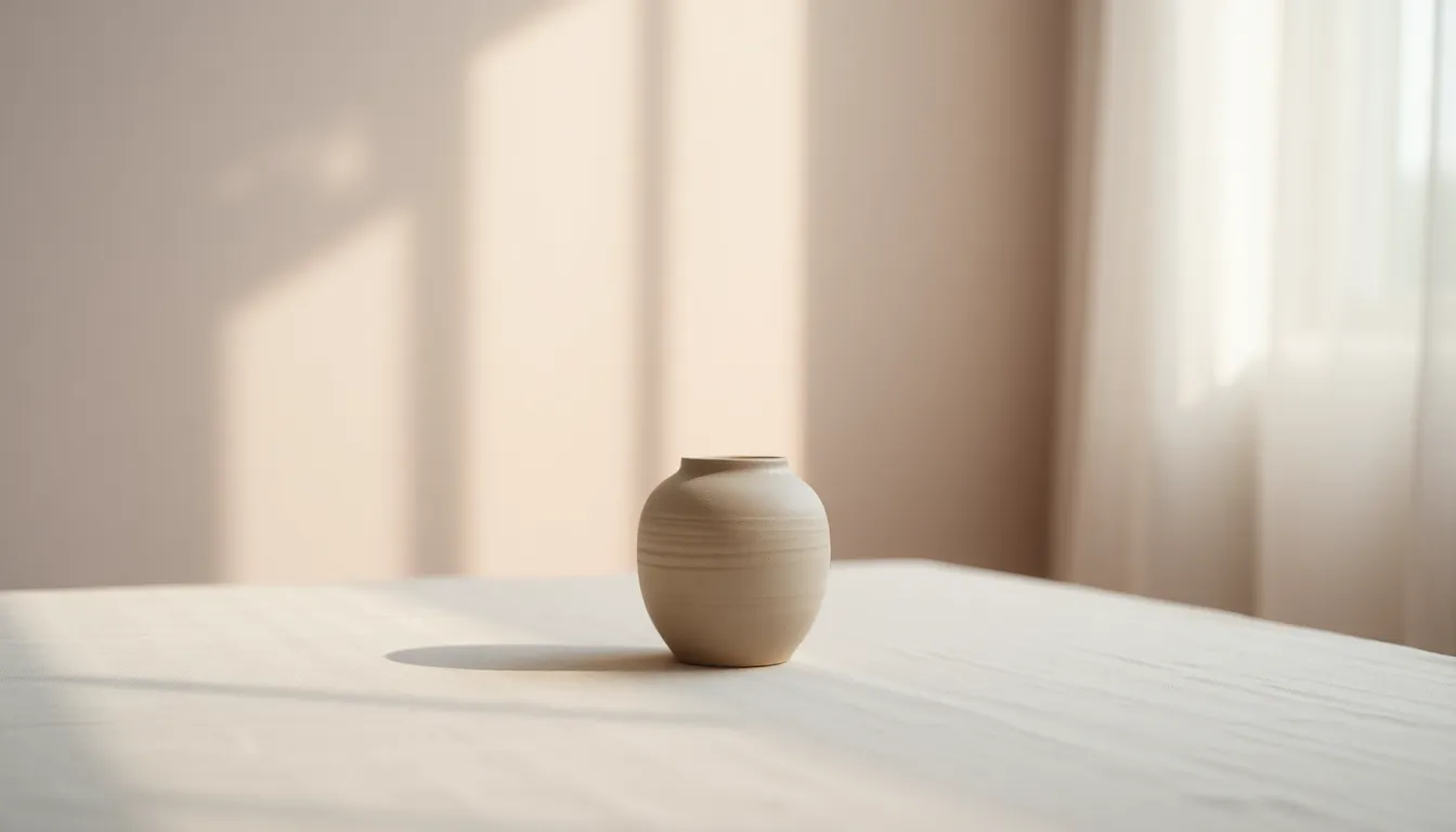 This image captures the serene beauty of soft pastel gradients created by diffused daylight. A textured ceramic vase stands against a backdrop of gentle pinks and blues, with delicate leading lines drawing the eye towards the subject. The scene embodies tranquility and subtlety, amplified by the intricate textures of the ceramic and tablecloth beneath. This photorealistic representation emphasizes the warmth and harmony of natural light as it plays across the surfaces.