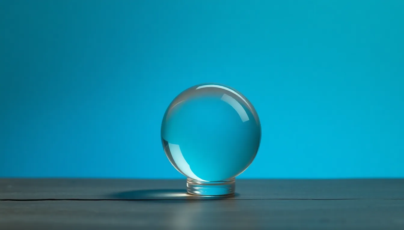 This image features a beautifully crafted glass orb resting on a textured wooden table, illuminated by soft diffused daylight. The background showcases a smooth gradient transitioning from deep blue to vibrant teal, creating a serene and harmonious atmosphere. The shallow depth of field enhances the delicate details of the orb's reflections, inviting viewers to explore the intersection of light and color. The overall composition embodies a sense of calm and elegance, perfect for abstract and artistic applications.