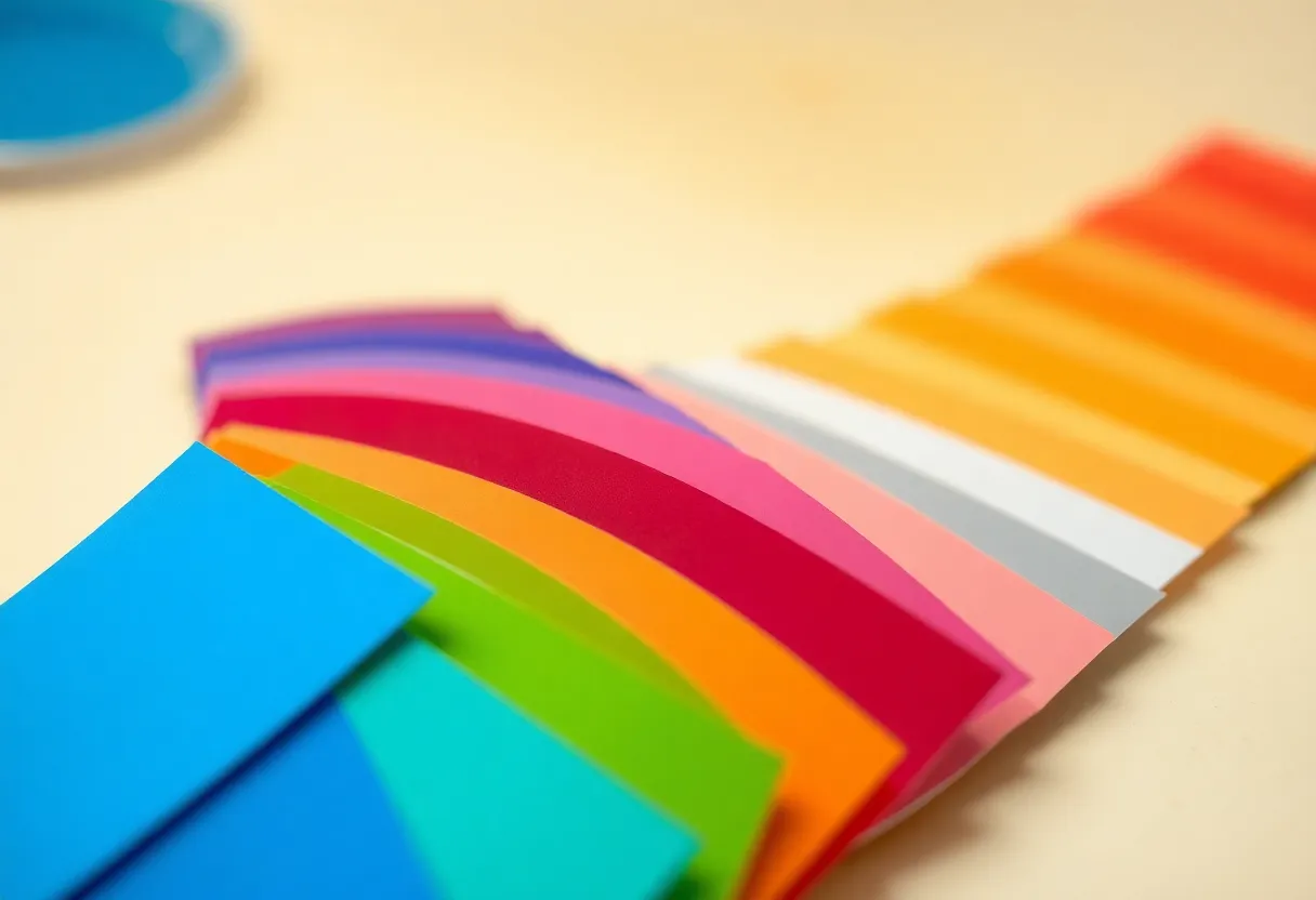 This vibrant image features a captivating arrangement of paint swatches displayed in a beautiful gradient spectrum. The studio lighting enhances the colors, making them stand out with clarity. The shallow depth of field allows the viewer to focus on the rich textures and matte finishes of the swatches, promoting creativity in design. The leading lines guide the gaze through the spectrum, adding dynamic energy to the composition.