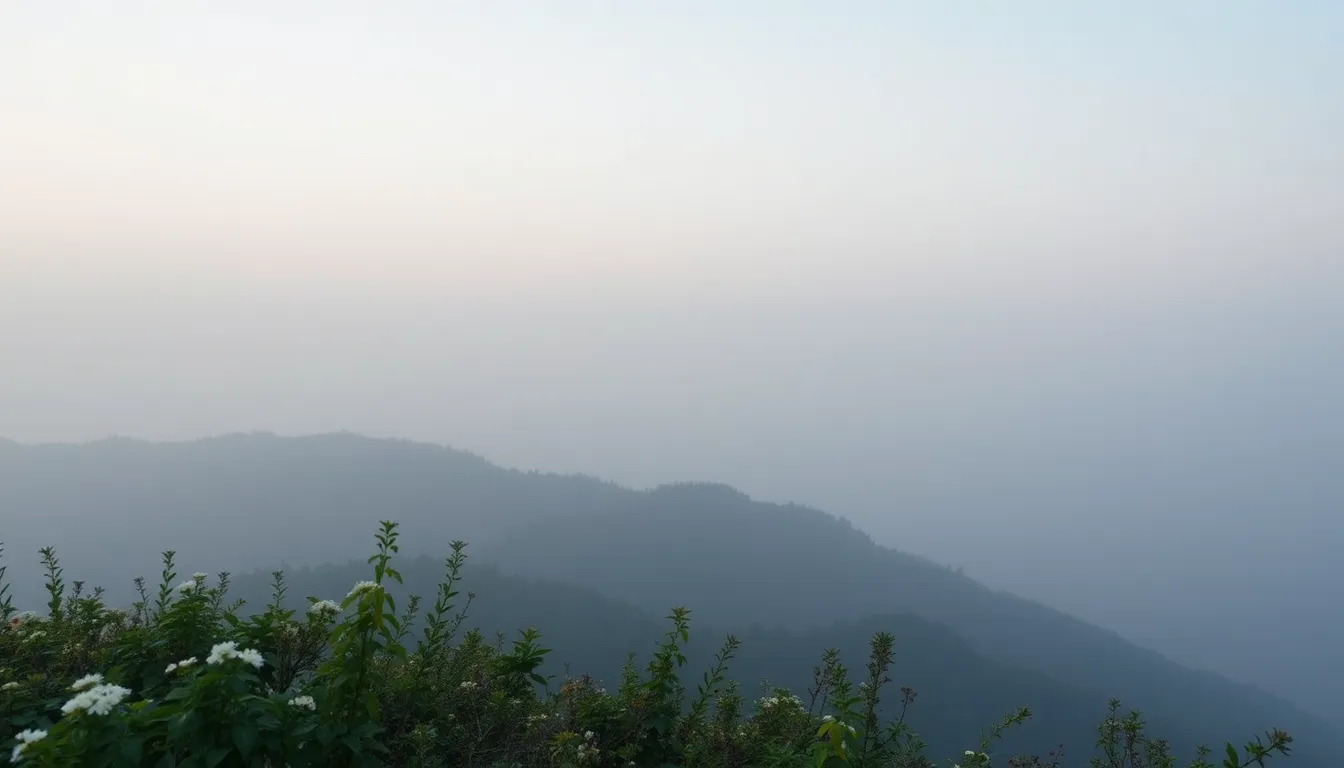 Ethereal Mountain Gradient This serene landscape image showcases a gentle gradient of soft whites to pale blues created by early morning fog enveloping the mountains. The soft and ethereal lighting enhances the atmospheric perspective, evoking tranquility and calm. With hyperfocal detail, the sharpness extends from foreground flora to the distant peaks, allowing the viewer to immerse themselves in the scene. Leading lines formed by the mountain ridges draw the eye through the tranquil landscape, creating a harmonious composition.
