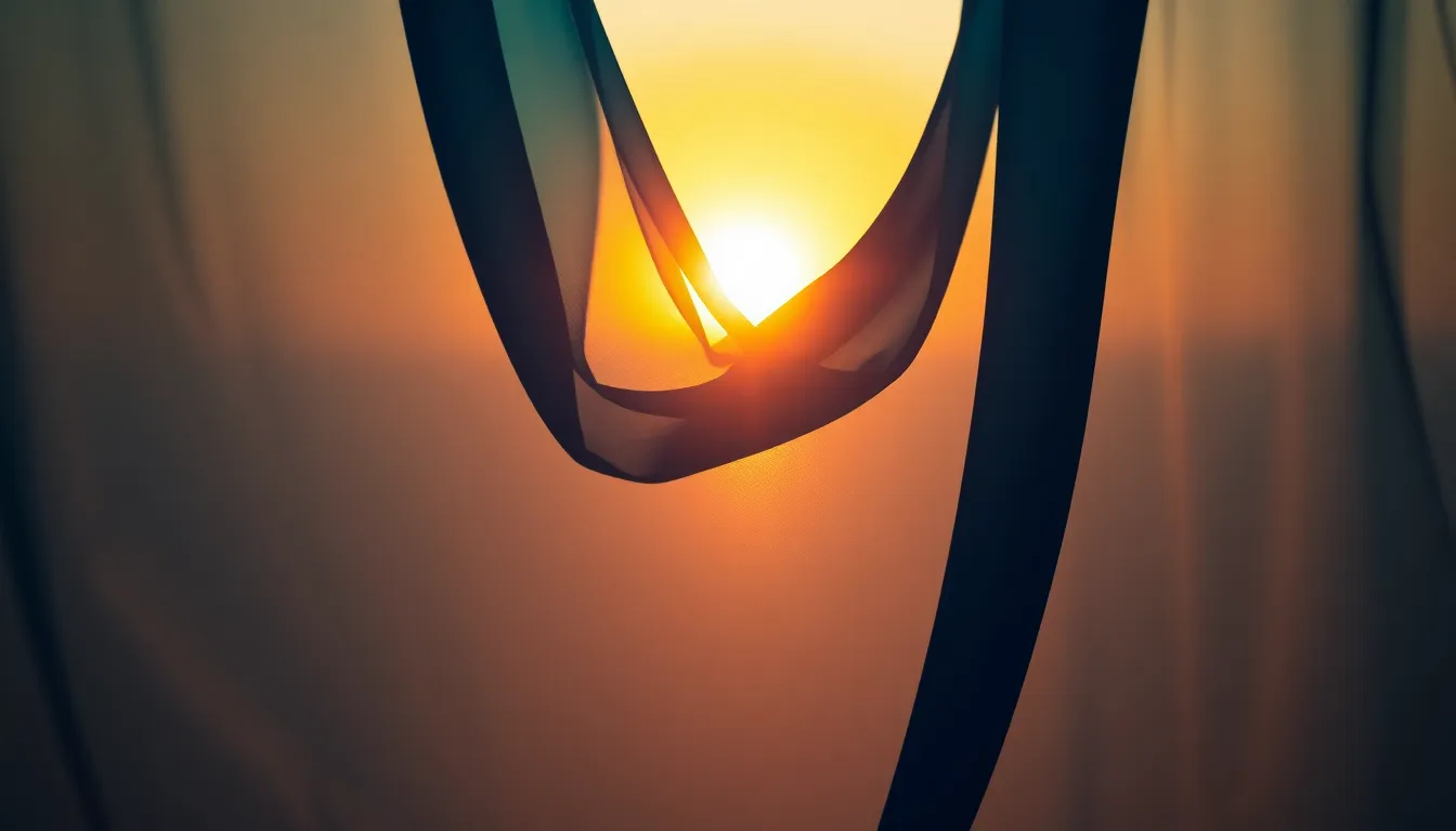 Abstract Gradient Fabric Flow This artistic image showcases a flowing fabric displaying an abstract gradient that transitions from soft teal to deep navy. Captured against a dramatic sunset, the backlighting beautifully defines the texture and movement of the fabric. The shallow depth of field ensures the focus remains on the intricate details while the background dissolves into a soft bokeh. The diagonal composition emphasizes the fabric's dynamic flow, inviting viewers to appreciate both the artistry and the warm hues of the sunset.