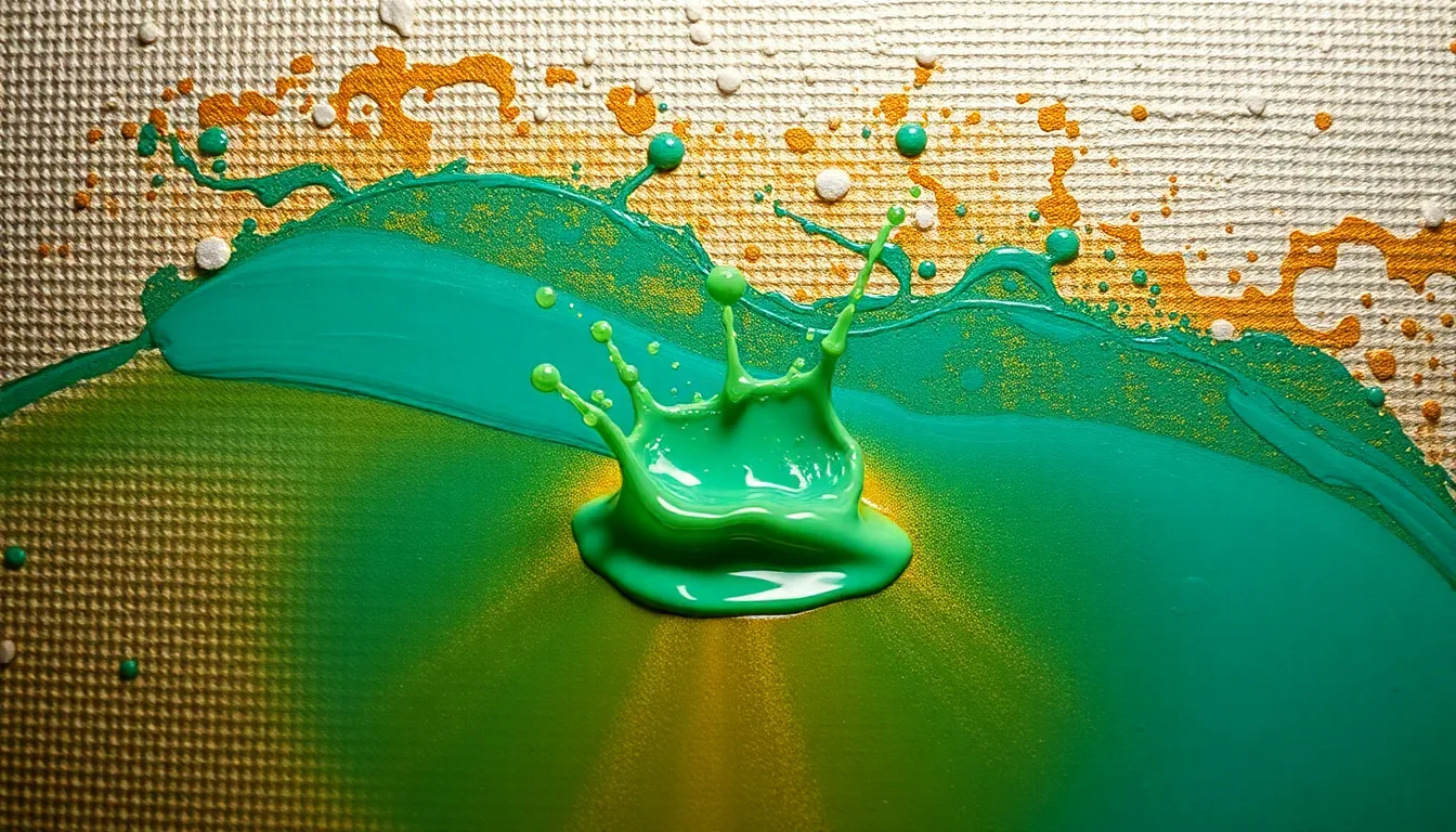 Dive into the dynamic beauty of a paint splash showcasing vibrant gradients of turquoise and gold. This close-up image reveals the rich textures and glossy surfaces of the wet paint, accentuated by dramatic overhead lighting. With a shallow depth of field, the surrounding canvas blurs gently, allowing the vivid colors and movement of the splash to dominate the composition. This photorealistic shot captures the essence of creativity and artistic expression, perfect for art and design enthusiasts.
