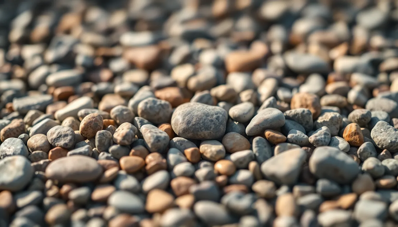 This close-up shot presents a stunning arrangement of rocks and pebbles, showcasing a beautiful gradient of colors from warm earth tones to cool grays. Illuminated by natural daylight, the image captures the subtle textures and intricate details of each stone, creating a serene and organic atmosphere. The selective focus on the central pebbles, combined with a painterly bokeh in the background, enhances the visual appeal. Perfect for nature lovers, this image embodies harmony and tranquility.