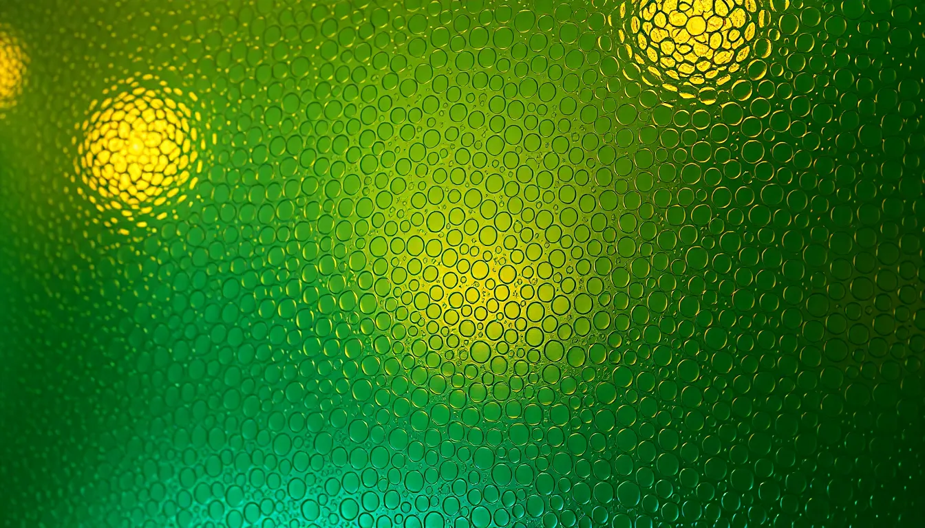 Showcasing a textured glass panel with a smooth gradient from emerald green to teal, this close-up image highlights the beauty of reflection and color interplay. Warm tungsten lighting casts a gentle glow, enhancing the gradient's vibrance. With a shallow depth of field, this photograph emphasizes sharpness in the center while subtly blurring the edges. The centered symmetrical composition draws attention to the elegant transition of colors, accentuating the intricate glass texture.