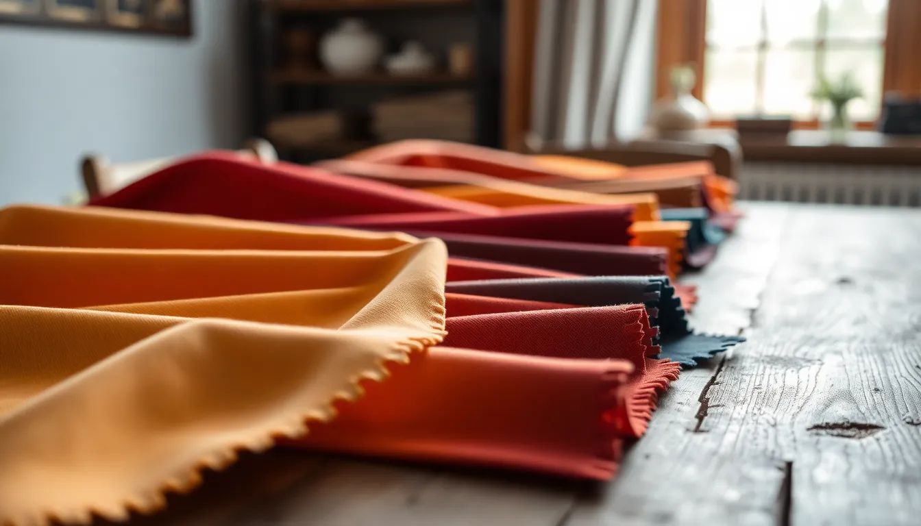 This close-up image captures a beautiful arrangement of gradient fabric swatches on a rustic wooden table. The soft daylight from a nearby window enhances the rich textures and colors, showcasing a spectrum that transitions from warm earth tones to vibrant jewel shades. The shallow depth of field creates a soft bokeh effect, allowing the viewer to focus on the intricate details of the swatches. This image is perfect for fashion designers and fabric enthusiasts.