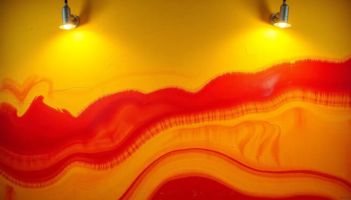 Vibrant Gradient Wall Abstract This striking image captures an abstract wall adorned with a gradient of vibrant yellows and deep reds, radiating energy and creativity. Warm tungsten lighting accentuates the textured layers of paint, adding depth and interest to the scene. With a hyperfocal depth of field, the entirety of the wall remains sharp and in focus, while the centered symmetrical composition draws the viewer's eye to the dynamic interplay of colors and textures.