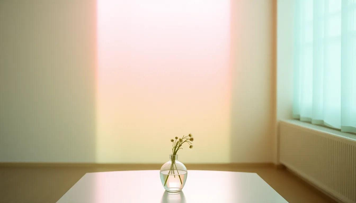 This serene image showcases a minimalist room bathed in ethereal light filtering through a frosted glass window. The gradient of colors transitions from pale green to soft pink, creating an inviting and calm environment. The shallow depth of field adds a dreamy quality, emphasizing a delicate flower vase placed at the forefront. Enhanced by the Kodak Portra 400 color palette, the warm tones and soft highlights evoke feelings of tranquility, making it suitable for interior design and lifestyle themes.