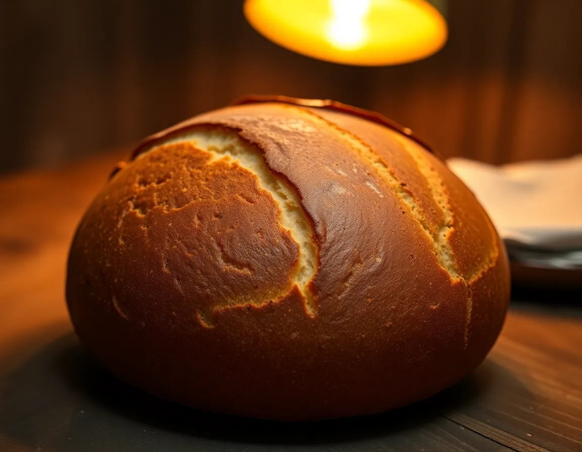 Artisan Bread with Gradient Crust Detail This inviting image showcases a freshly baked artisan bread with a beautifully graduated crust, transitioning from golden brown to deep mahogany. Illuminated by a warm tungsten light, the texture of the crust and soft inside are perfectly highlighted, drawing attention to the craftsmanship. The cozy earthy tones evoke a sense of comfort, inviting viewers to appreciate the art of baking. The composition thoughtfully frames the rounded loaf, enhancing its visual appeal within the rustic setting.