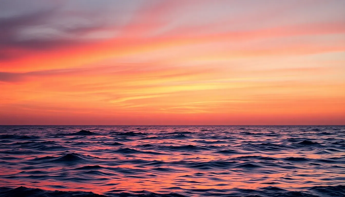 This captivating image showcases an ocean sunset blending vibrant hues of orange, pink, and purple into a stunning gradient across the sky. Warm golden hour sunlight reflects off the calm water, creating a harmonious scene filled with tranquility. The hyperfocal depth ensures clarity from the gentle waves in the foreground to the distant horizon, allowing every detail to come alive. This photo embodies the beauty of nature's color palette, making it an ideal choice for landscape lovers.