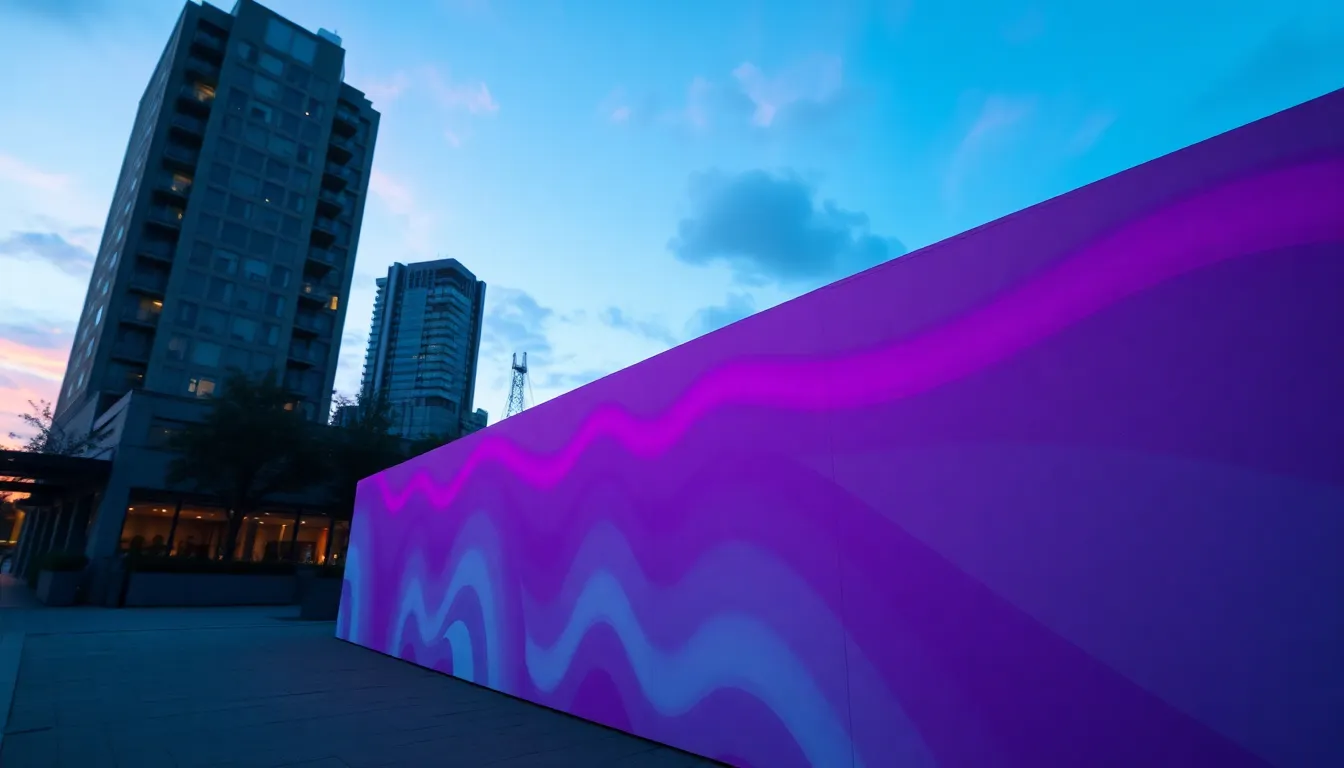 This dynamic image showcases an abstract gradient wall installation in an urban environment during twilight. The vibrant colors transition from deep purples to bright pinks, illuminated by artificial lighting that enhances the textures of the wall. Shot with a telephoto lens, the entire scene remains sharp, allowing viewers to appreciate the intricate designs of the installation. The composition features architectural elements framing the gradient, making it a captivating piece for urban art enthusiasts.