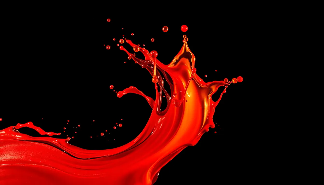 This dynamic image showcases a paint splash captured in mid-air, featuring a vibrant gradient transitioning from fiery reds and oranges to metallic gold. Dramatic spotlighting against a black background intensifies the colors and creates striking shadows, adding depth to the scene. Each droplet is captured in exquisite detail, showcasing the fluid motion and texture of the paint. This piece radiates energy and creativity, perfect for abstract art lovers.