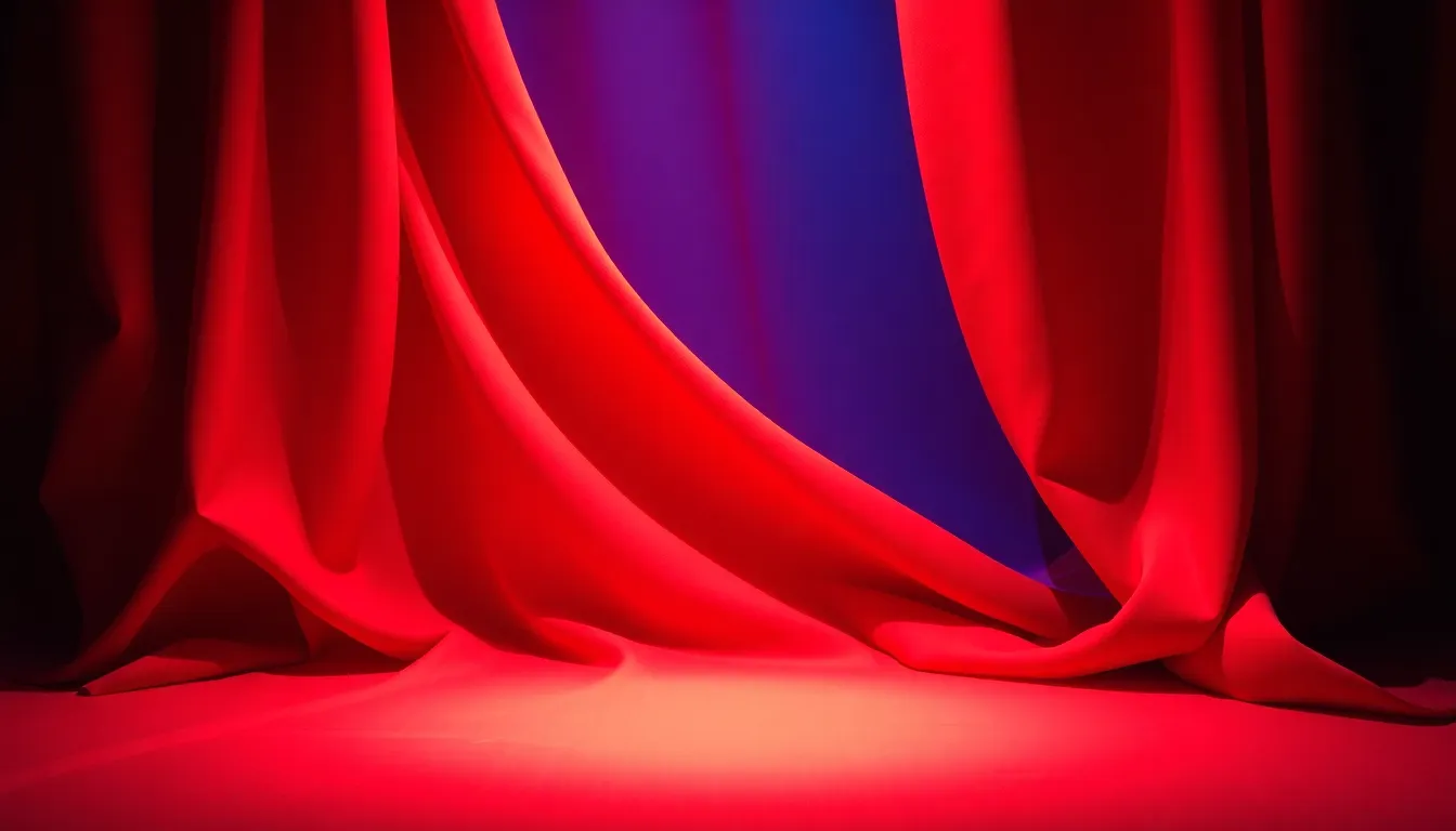 This image showcases a dynamic display of rippling fabric illuminated by dramatic spotlighting, revealing a stunning gradient from crimson to royal blue. The sharp focus captures intricate details of the fabric’s weave, adding depth and texture to the composition. The vibrant colors inspired by Fujifilm Velvia enhance the visual impact, while the leading lines draw the viewer's gaze toward the focal point. Ideal for fashion and abstract photography, this image exudes energy and movement.